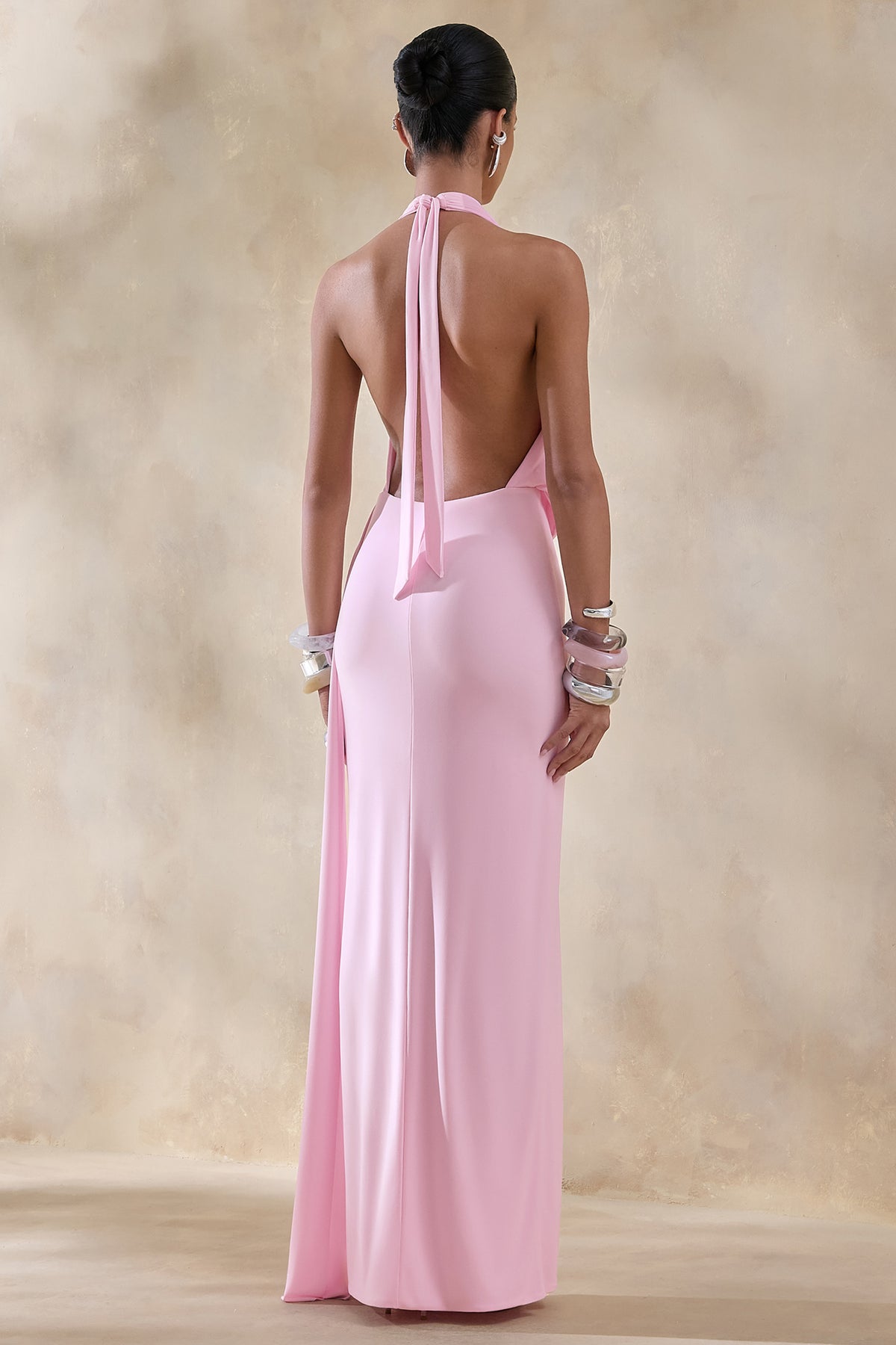 Rosina Pink Halter-Neck Draped Maxi Dress With Sash Club L London - USA Rosina Pink Halter-Neck Draped Maxi Dress With Sash Club L London - USA