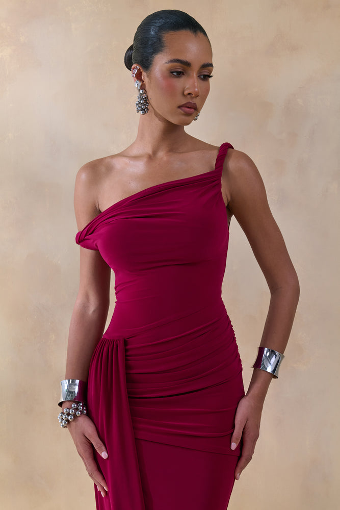 Angelique Burgundy Twisted Asymmetric Maxi Dress – Club L London