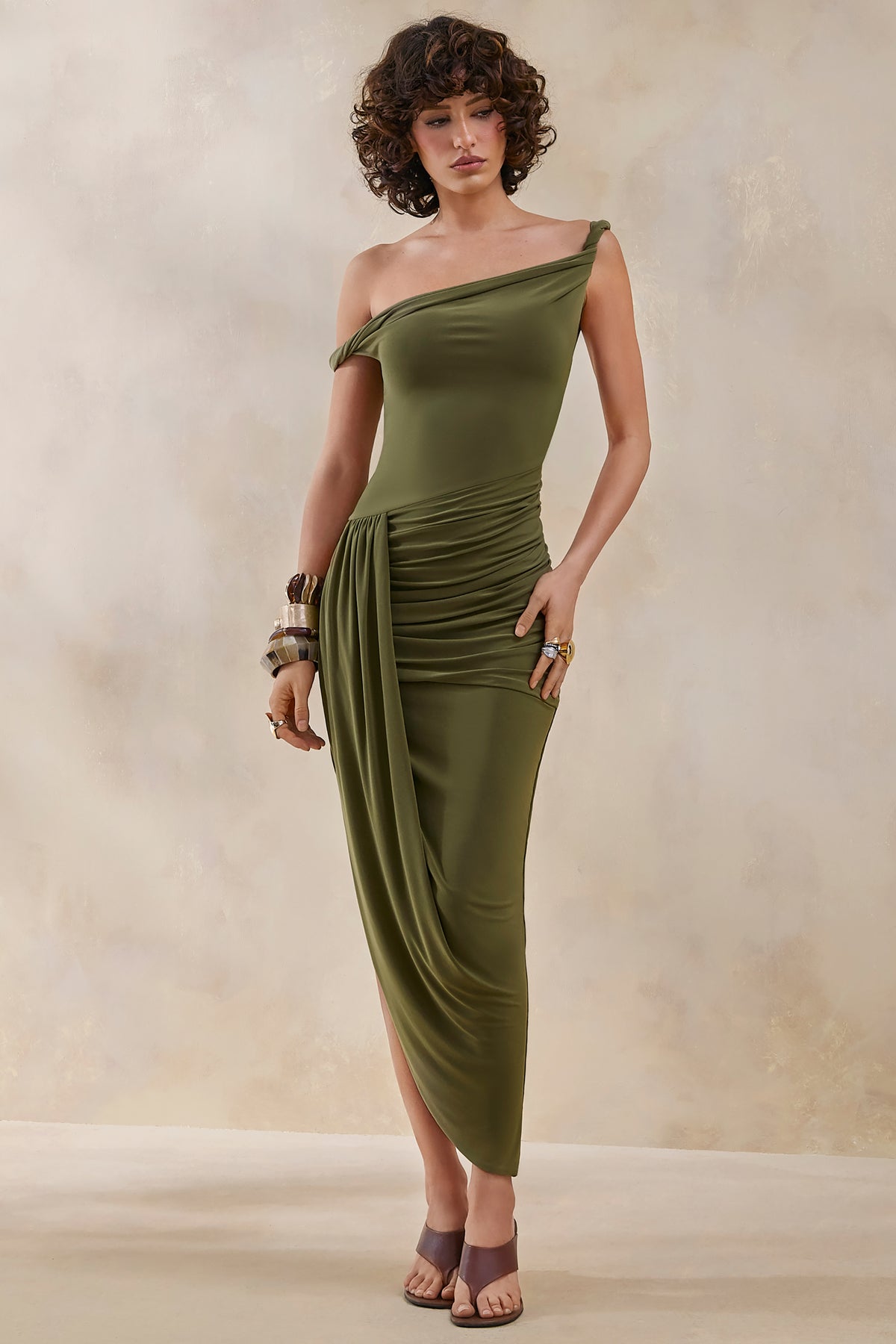 Angelique Olive Green Twisted Asymmetric Maxi Dress Club L London - USA Angelique Olive Green Twisted Asymmetric Maxi Dress Club L London - USA