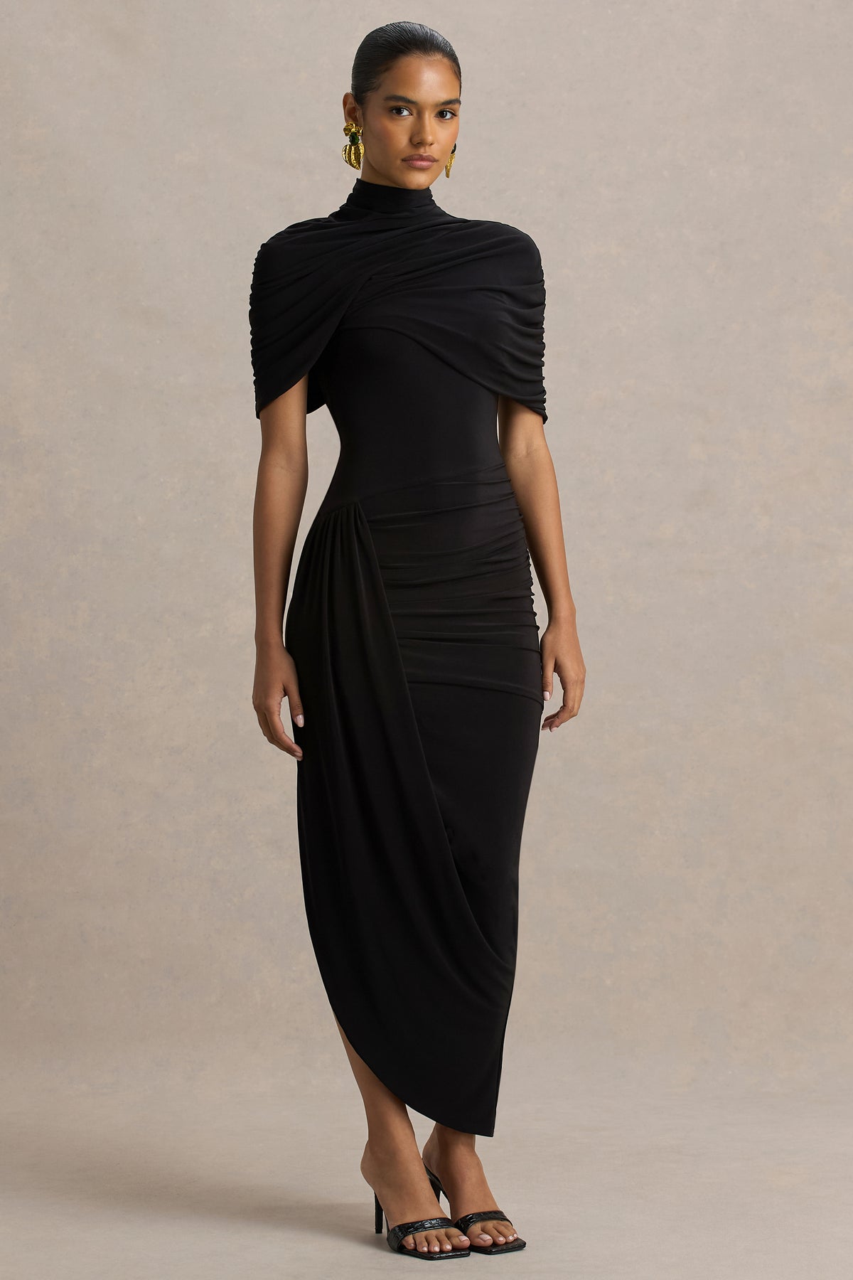 Enchant | Black Asymmetric Twisted Cape Midi Dress, US 2 / Black Enchant | Black Asymmetric Twisted Cape Midi Dress, US 2 / Black