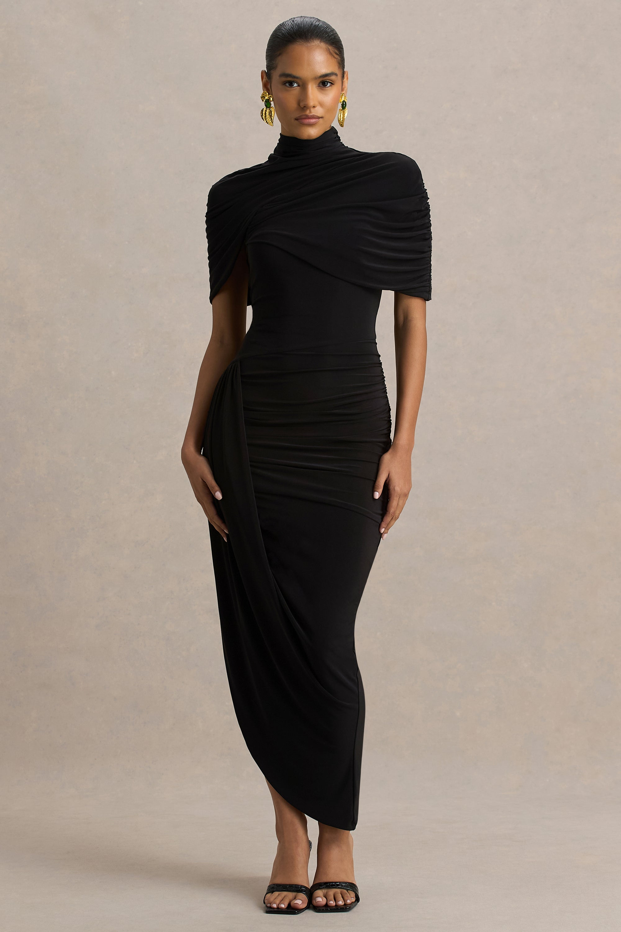 midi dress cape ASOS DESIGN deep bardot midi dress with cape back detail in ember orange in scuba-style fabric