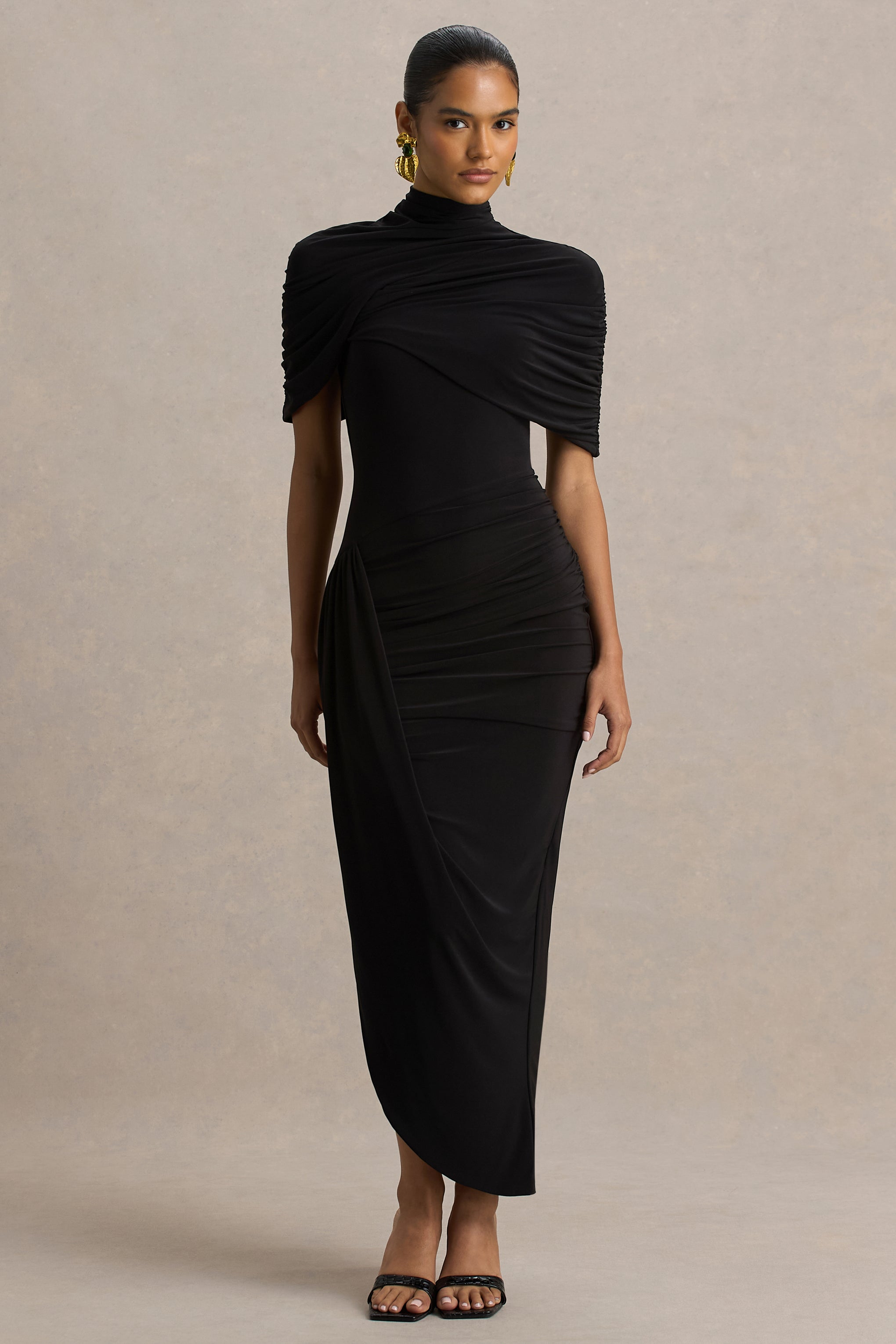 Enchant | Black Asymmetric Twisted Cape Midi Dress – Club L London