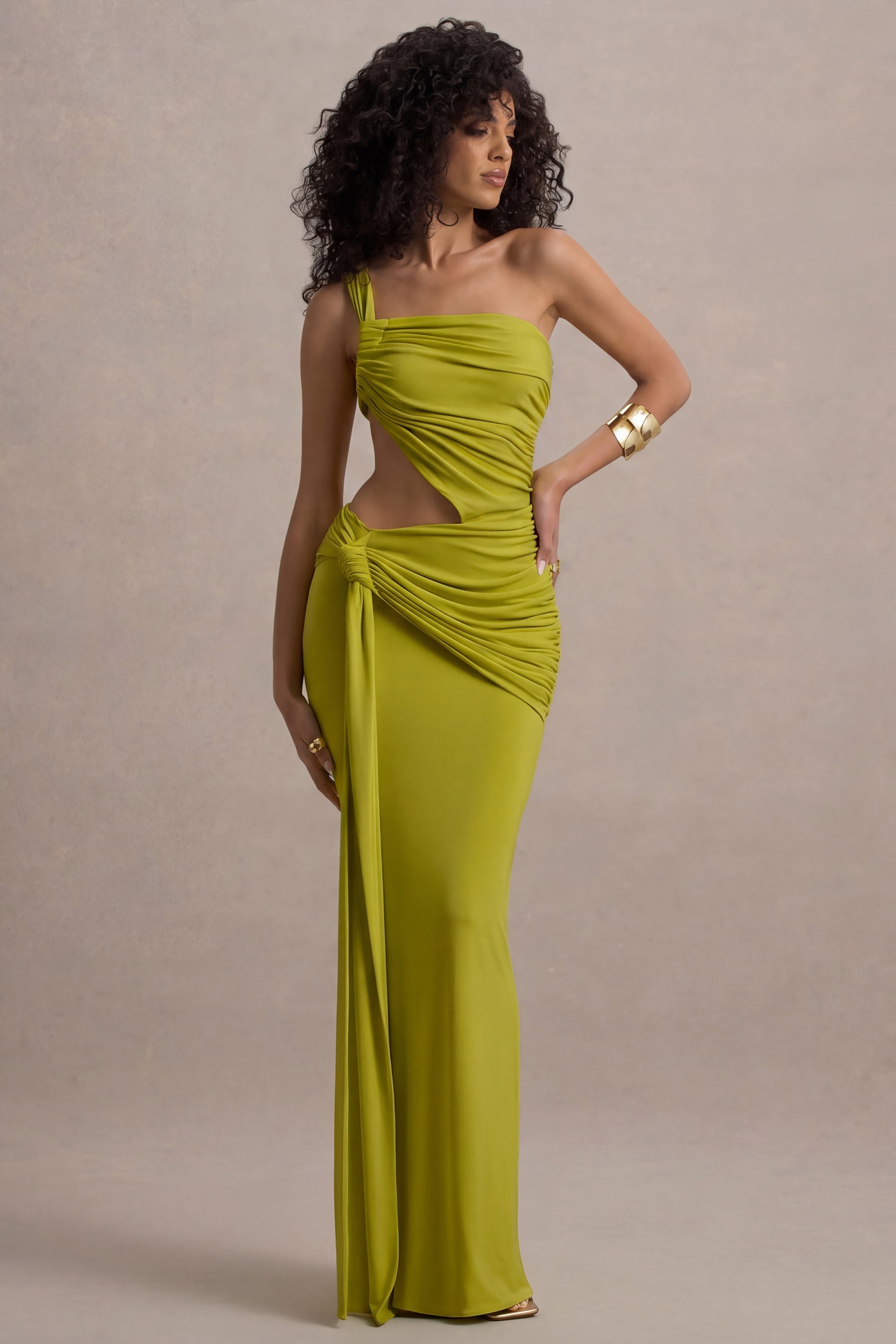 olive green asymmetrical dress Olive Green Asymmetric Waist High Slit Formal Dress XF251320