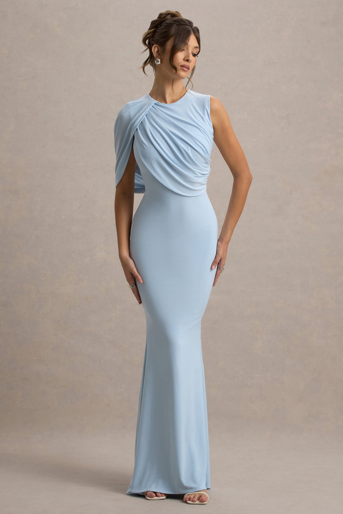 Rae | Powder BLUE Maxi Dress With One-Sleeve Cape - UK 14 FLOATY BLUE Rae | Powder BLUE Maxi Dress With One-Sleeve Cape - UK 14 FLOATY BLUE