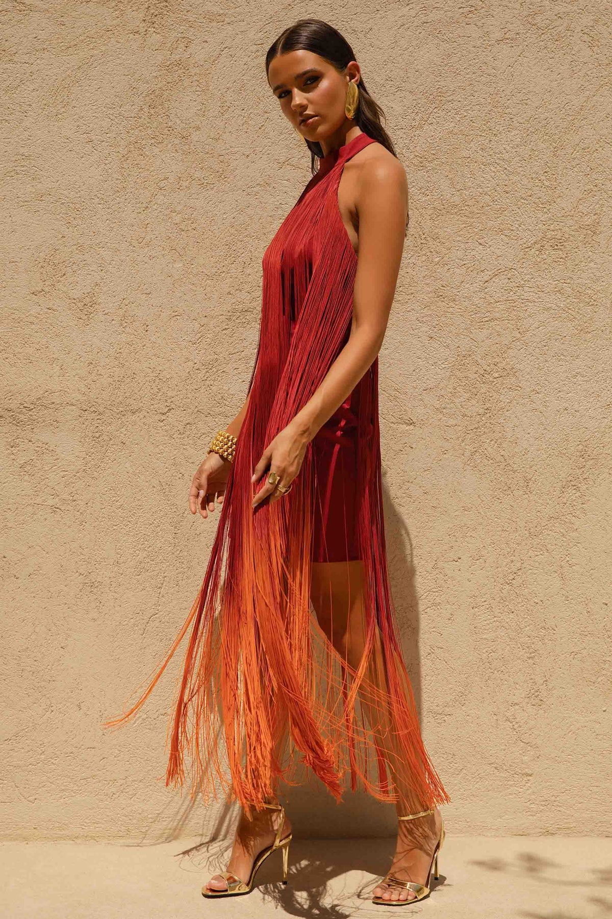 Alessia Orange Ombre Fringe High-Neck Maxi Dress – Club L London Alessia Orange Ombre Fringe High-Neck Maxi Dress – Club L London