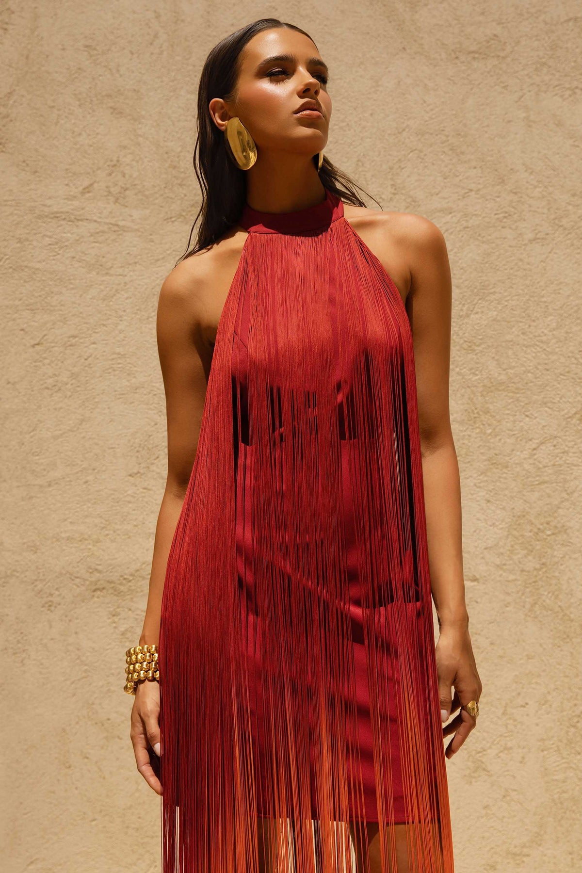 Alessia Orange Ombre Fringe High-Neck Maxi Dress Club L London - USA Alessia Orange Ombre Fringe High-Neck Maxi Dress Club L London - USA