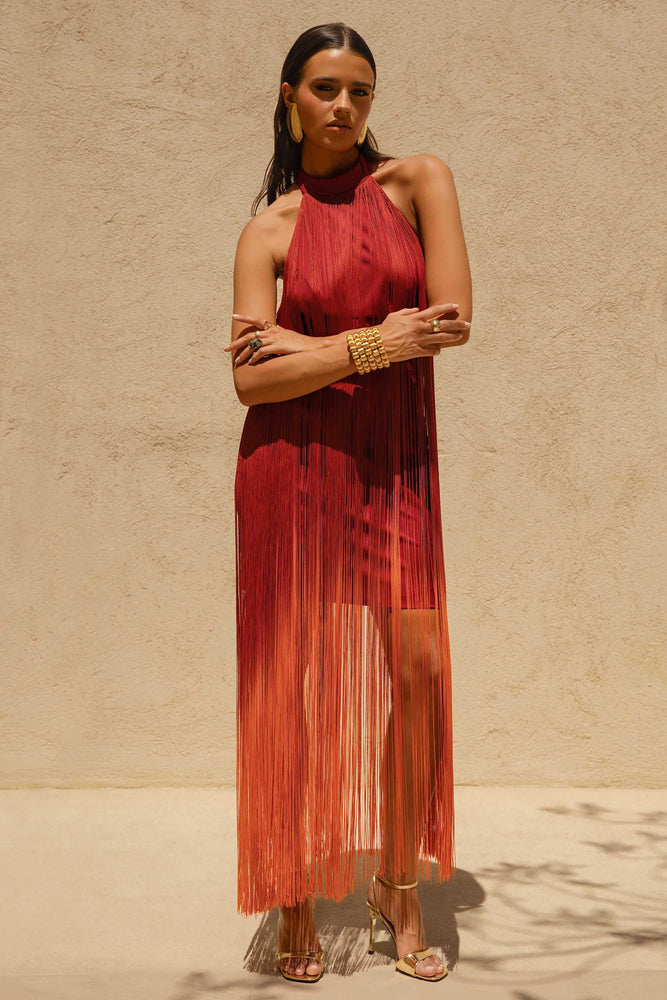 fringe dress long Alessia Orange Ombre Fringe High-Neck Maxi Dress – Club L London