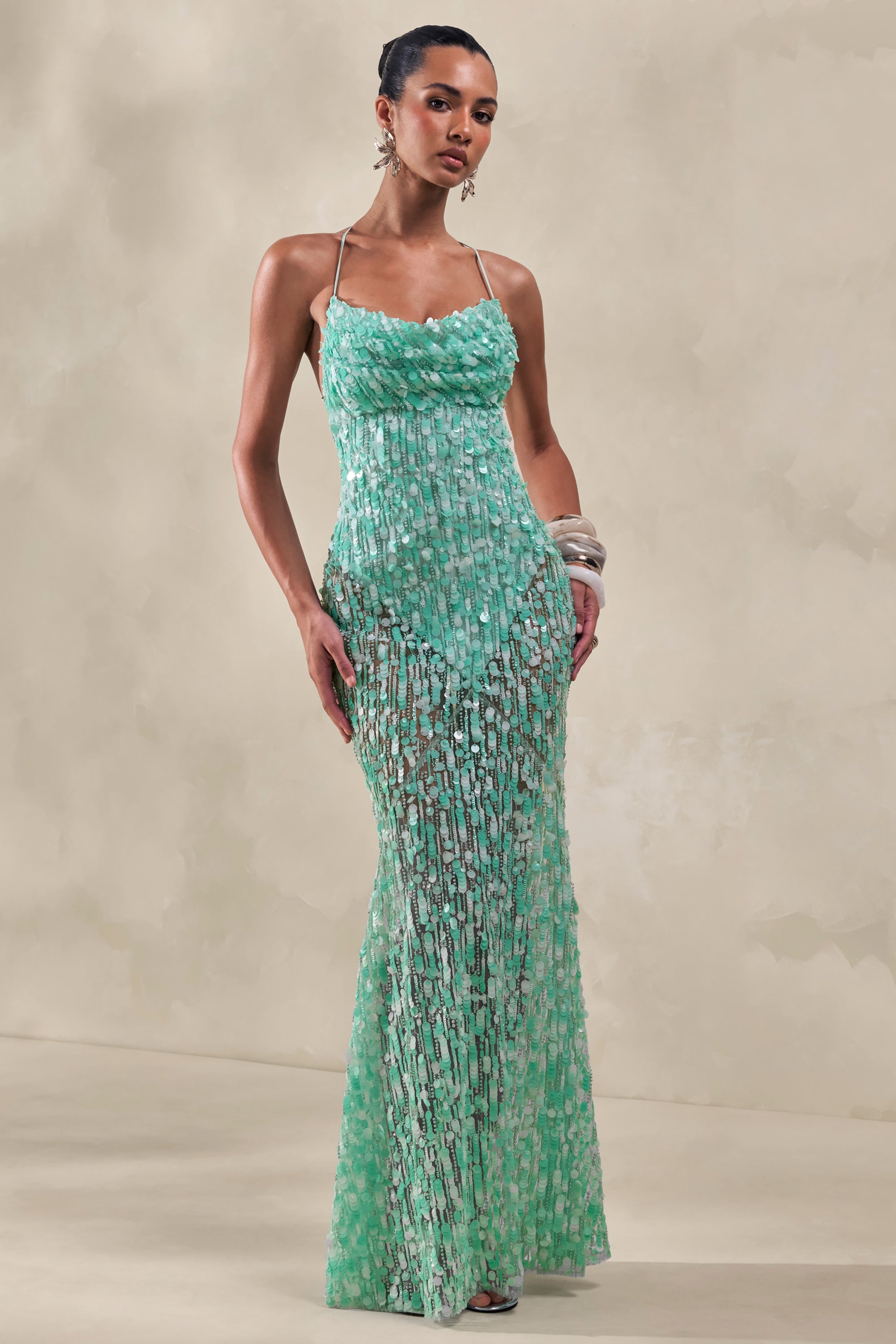 sequin cowl neck maxi dress Blue Green Sequin Cowl Neck Maxi Dress
