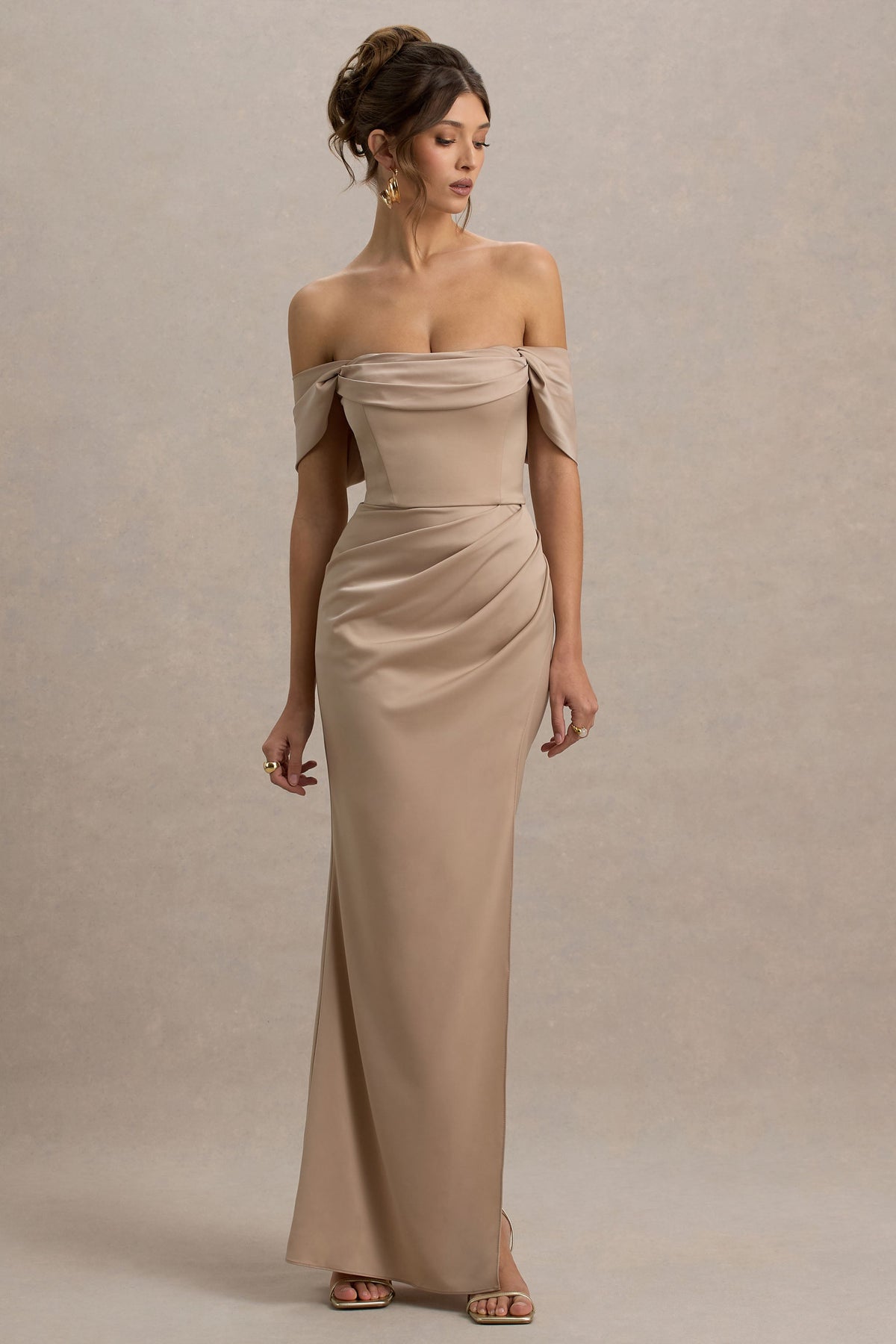 Annie | Champagne Satin Bardot Maxi Dress With Split Wrap Skirt - UK 14 Champagne Annie | Champagne Satin Bardot Maxi Dress With Split Wrap Skirt - UK 14 Champagne
