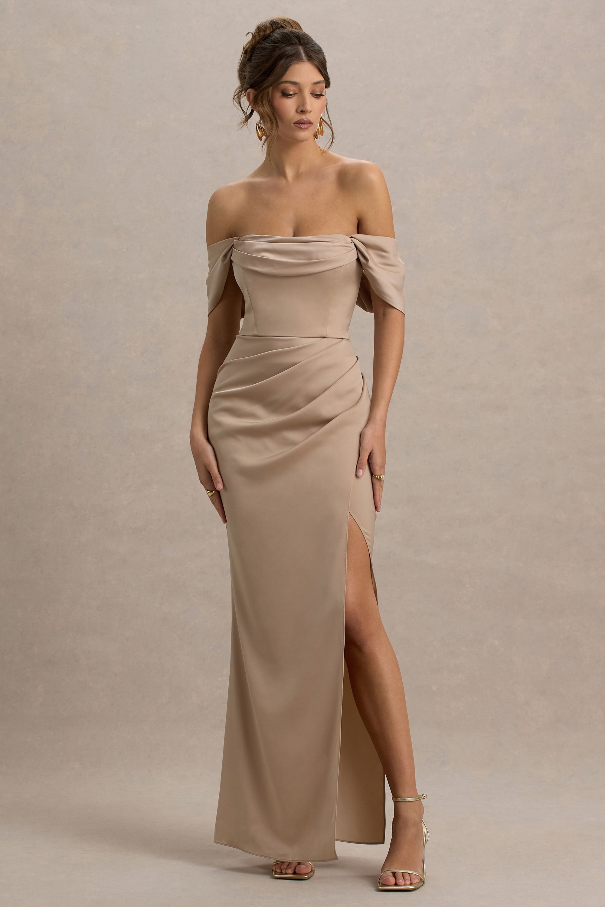champagne satin off the shoulder draped skirt midi dress Bridesmaid dress