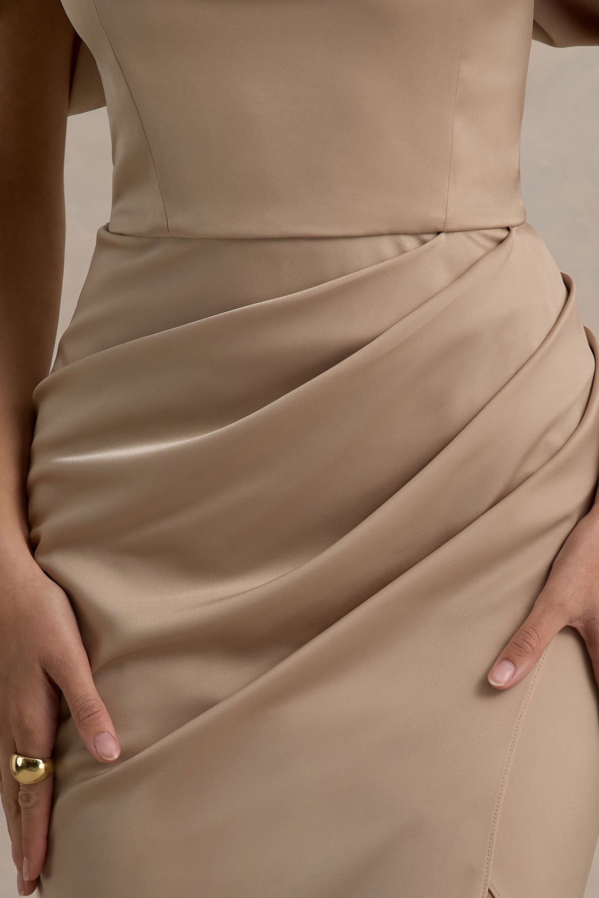 Annie | Champagne Satin Bardot Maxi Dress With Split Wrap Skirt - UK 14 Champagne Annie | Champagne Satin Bardot Maxi Dress With Split Wrap Skirt - UK 14 Champagne