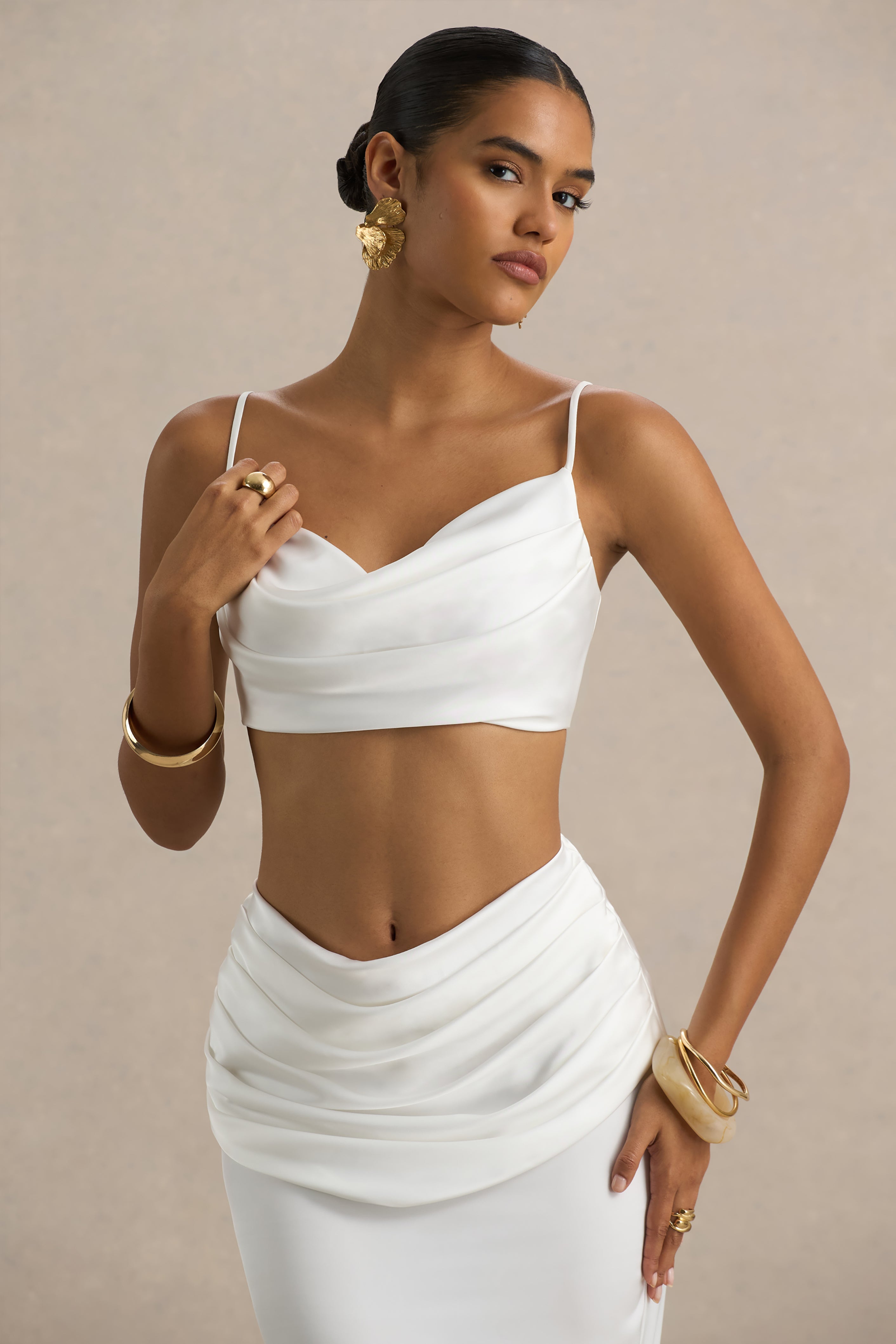Una | White Ruched Cowl-Neck Crop Top – Club L London - USA