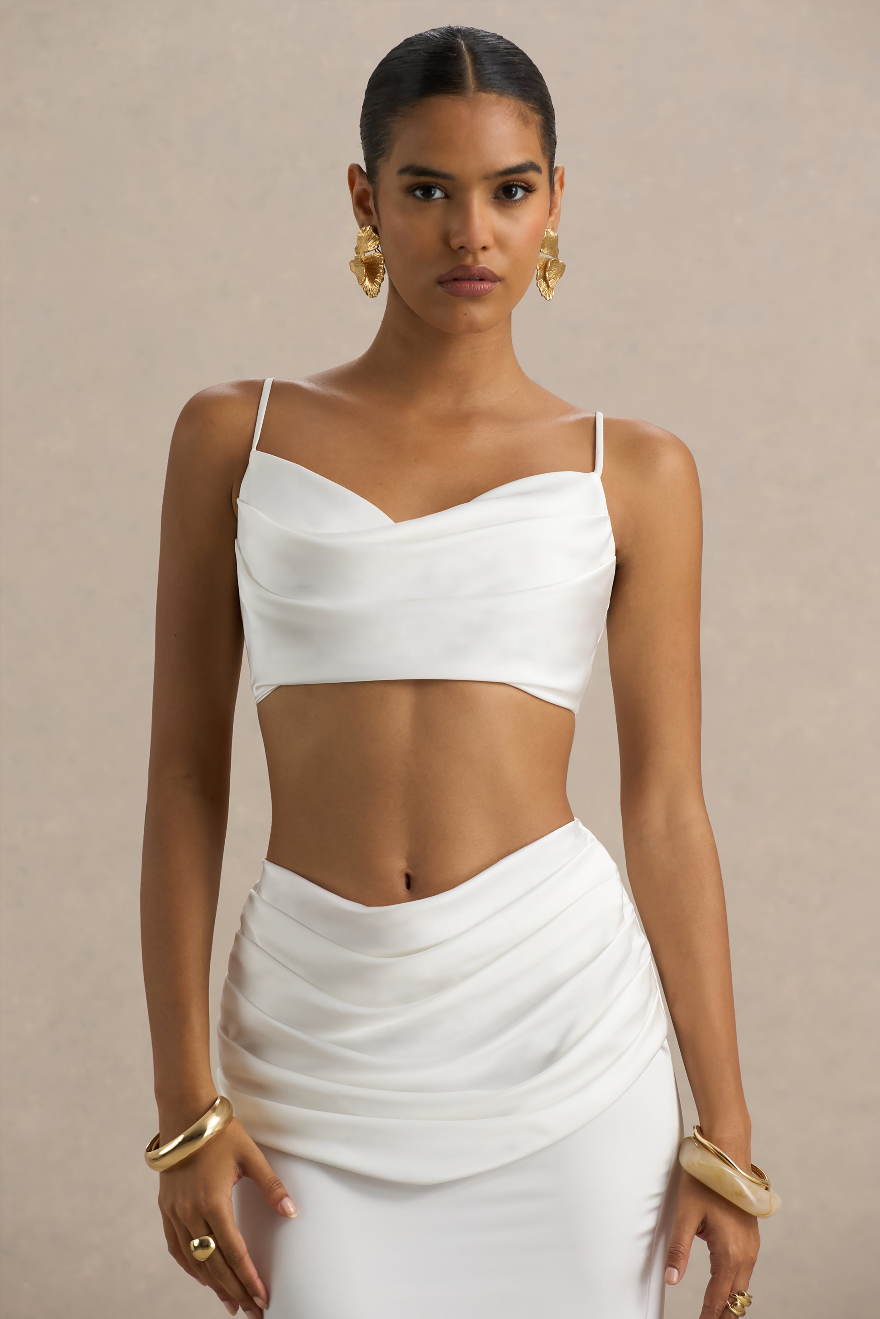Una | White Ruched Cowl-Neck Crop Top – Club L London - USA