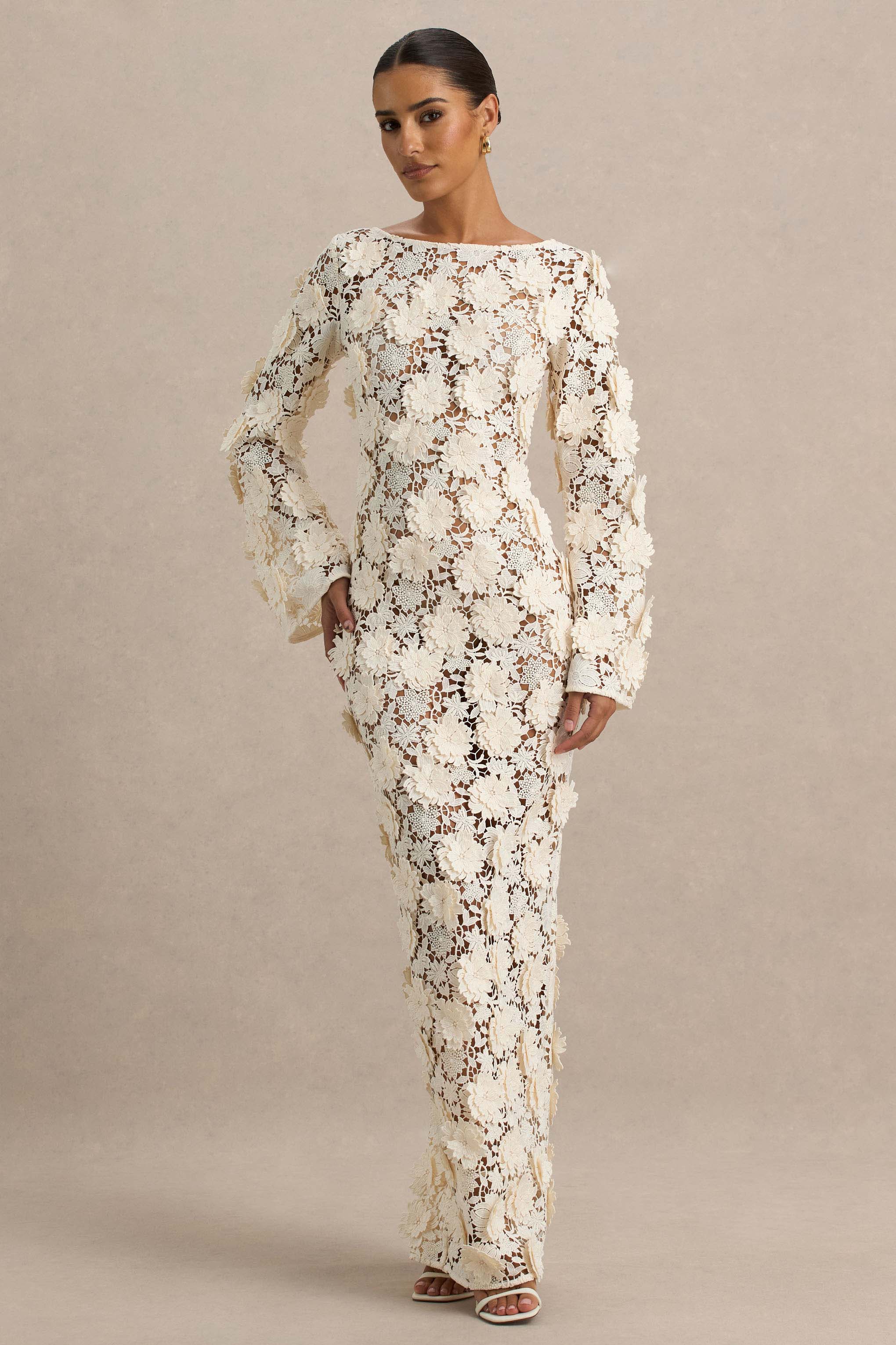 Viper | Cream Lace Long-Sleeve Maxi Dress – Club L London - USA