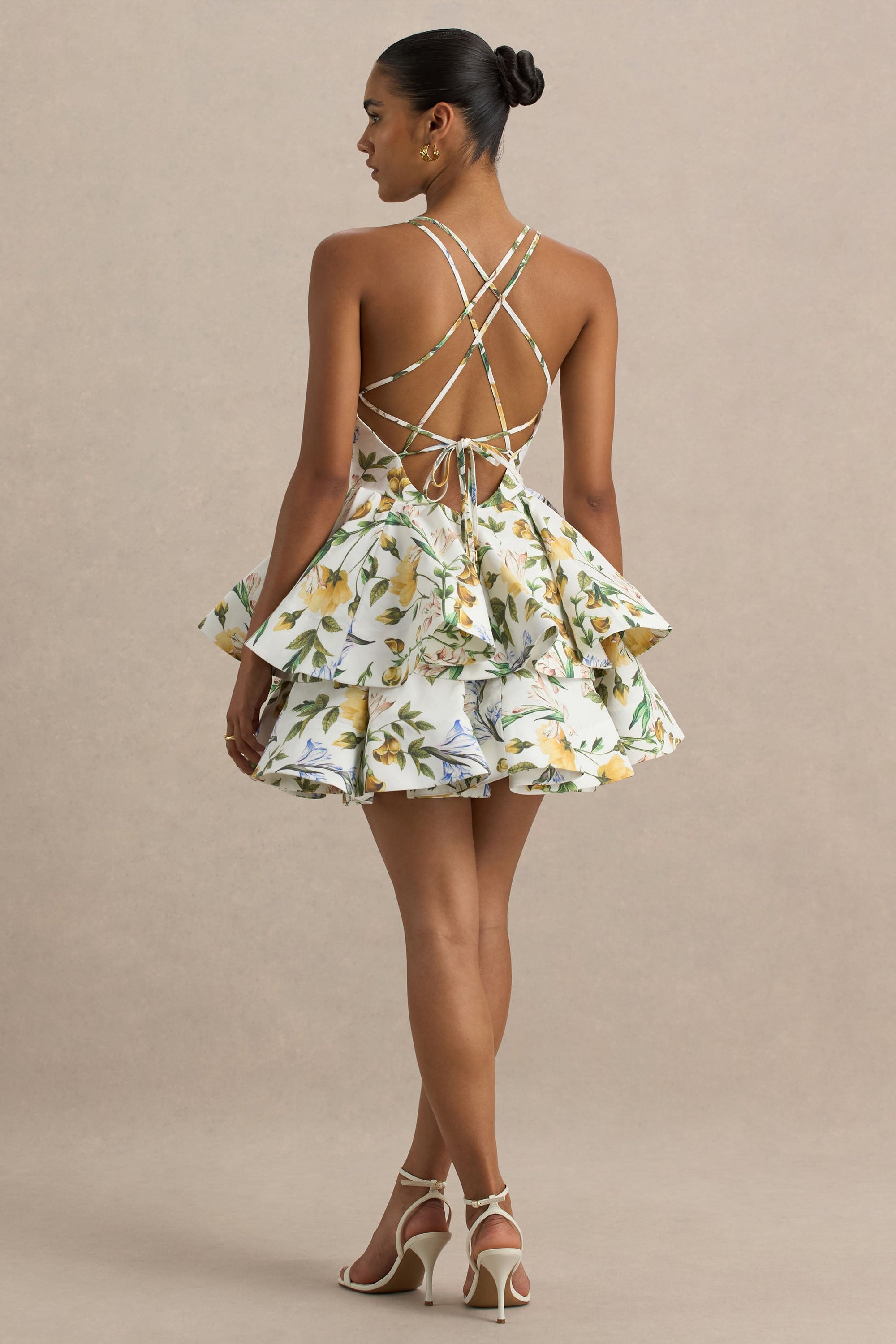 plunge neck floral dress Stacees Keyhole Floral Print Tiered Ruffle Homecoming Dress Short Mini