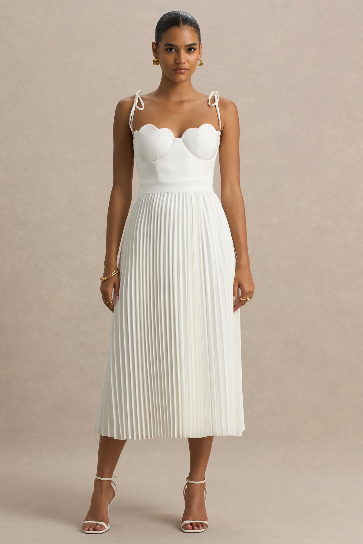 Agua Cream Satin Sweetheart Midi Dress With Pleated Skirt Club L London - USA Agua Cream Satin Sweetheart Midi Dress With Pleated Skirt Club L London - USA