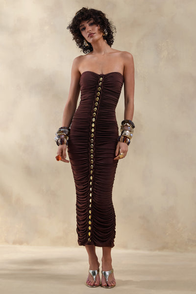 joanine strapless ruched midi dress Spontaneity | Brown Bandeau Ruched Midi Dress