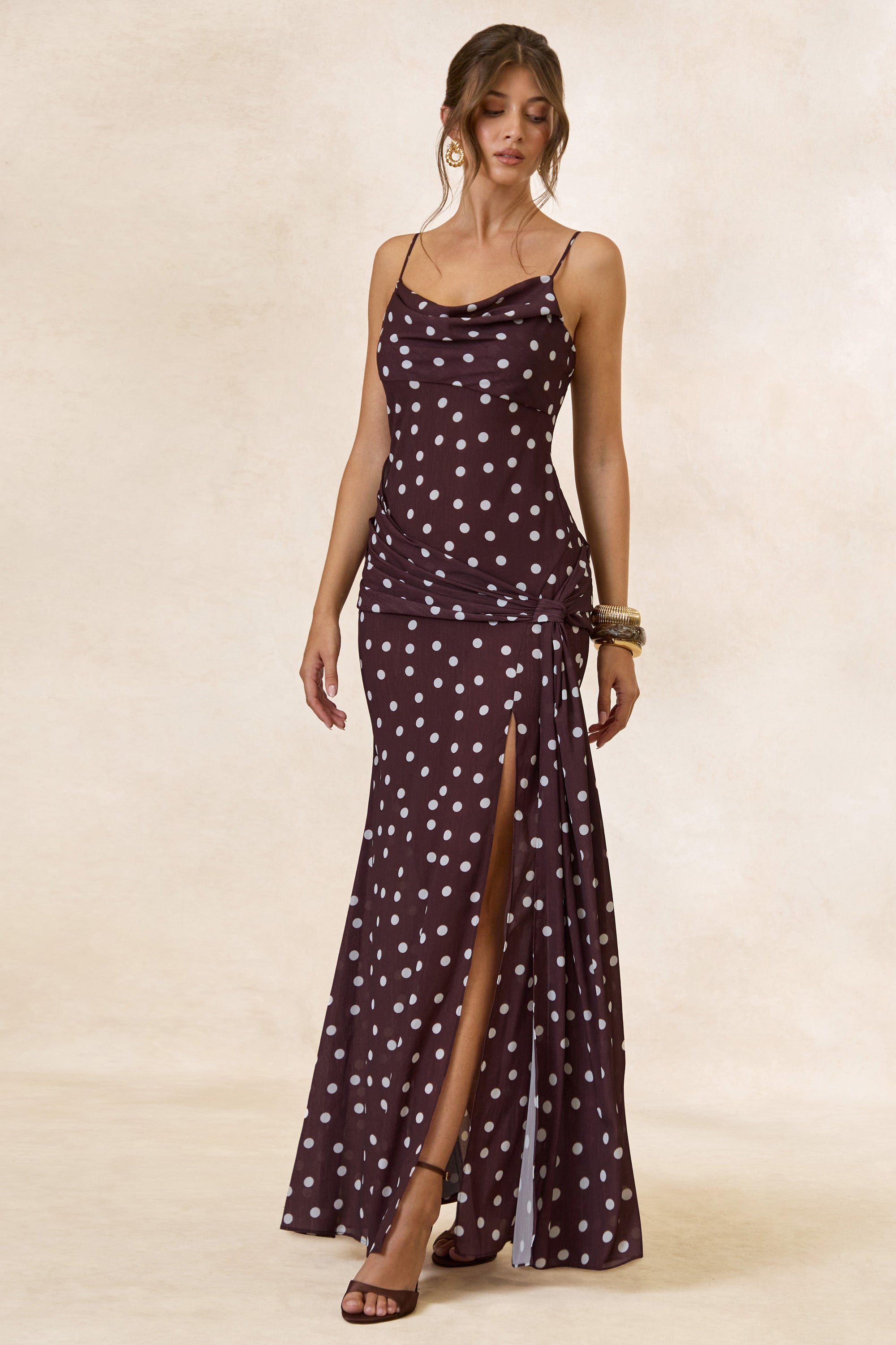 CL136244022 - Virtue _ Brown & White Polka Dot Cowl-Neck Fishtail Maxi Dress With Split 1.jpg
