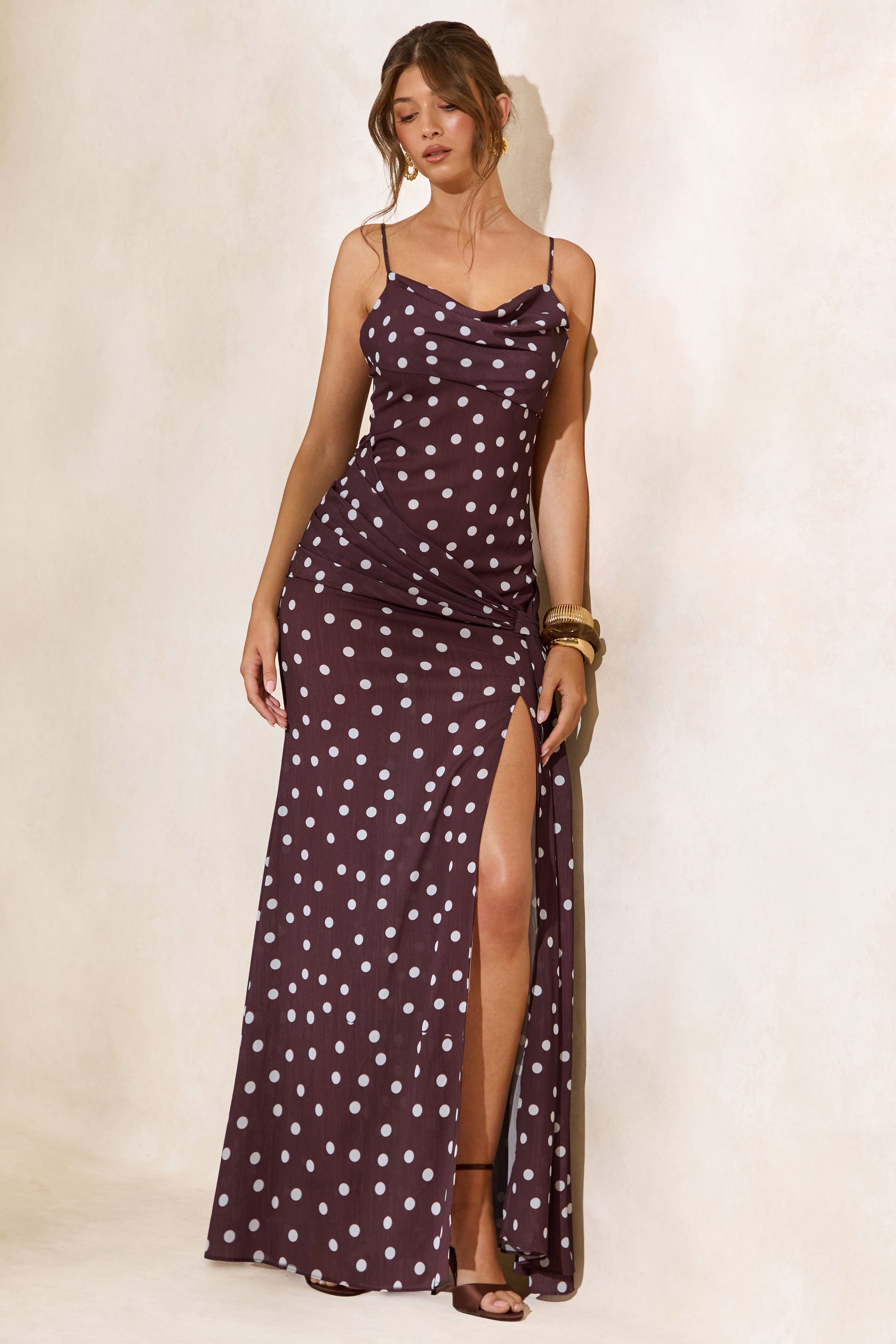 Virtue | Brown & White Polka Dot Cowl-Neck Fishtail Maxi Dress