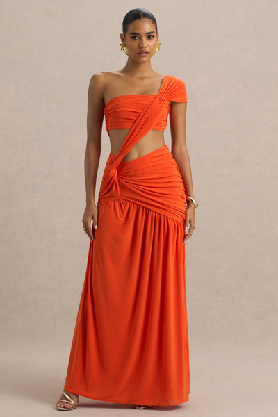 Cadiz | Orange Asymmetric Maxi Dress With Cut-Out Detail and Open