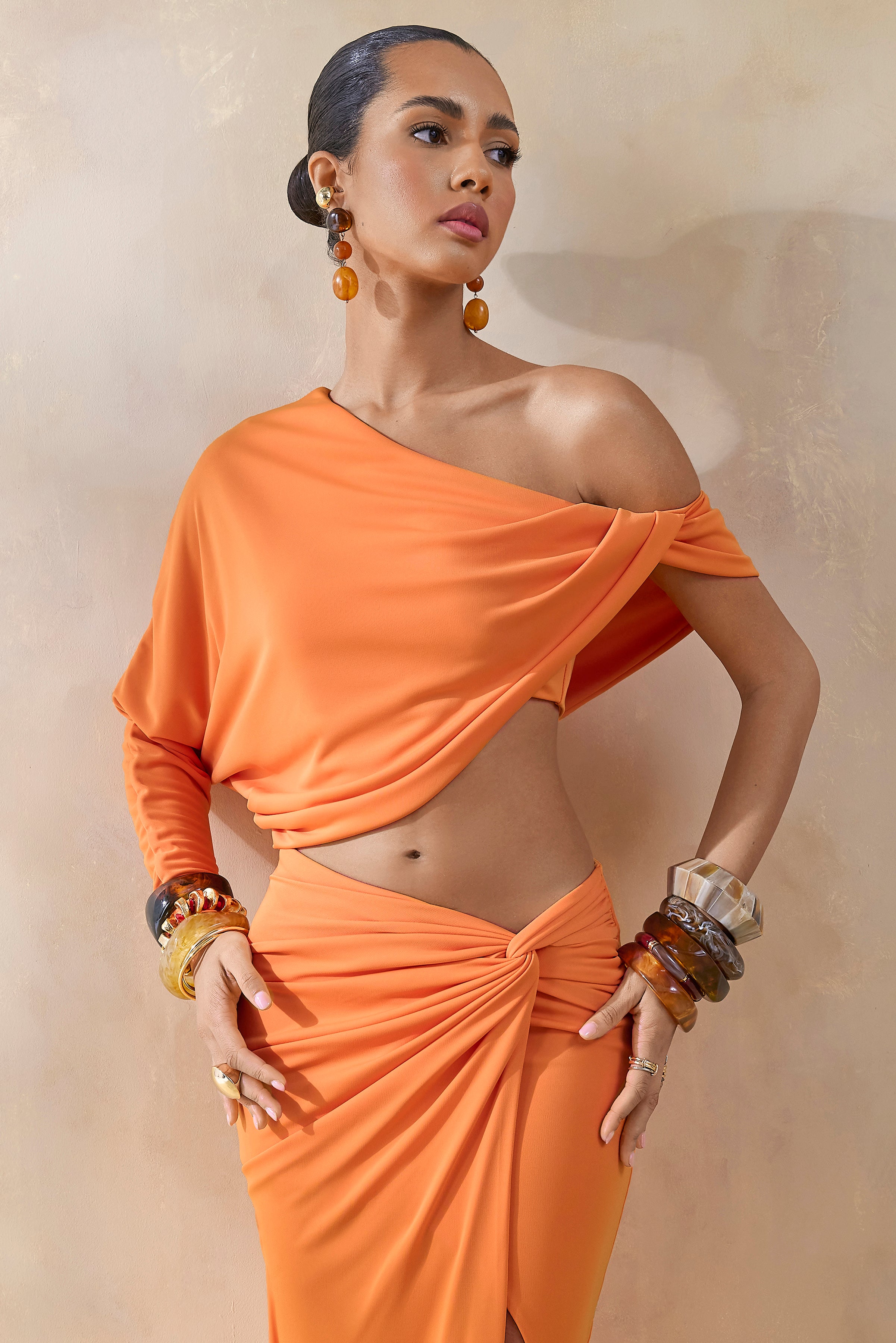 Dua | Orange Asymmetric One-Sleeve Draped Top – Club L London - USA
