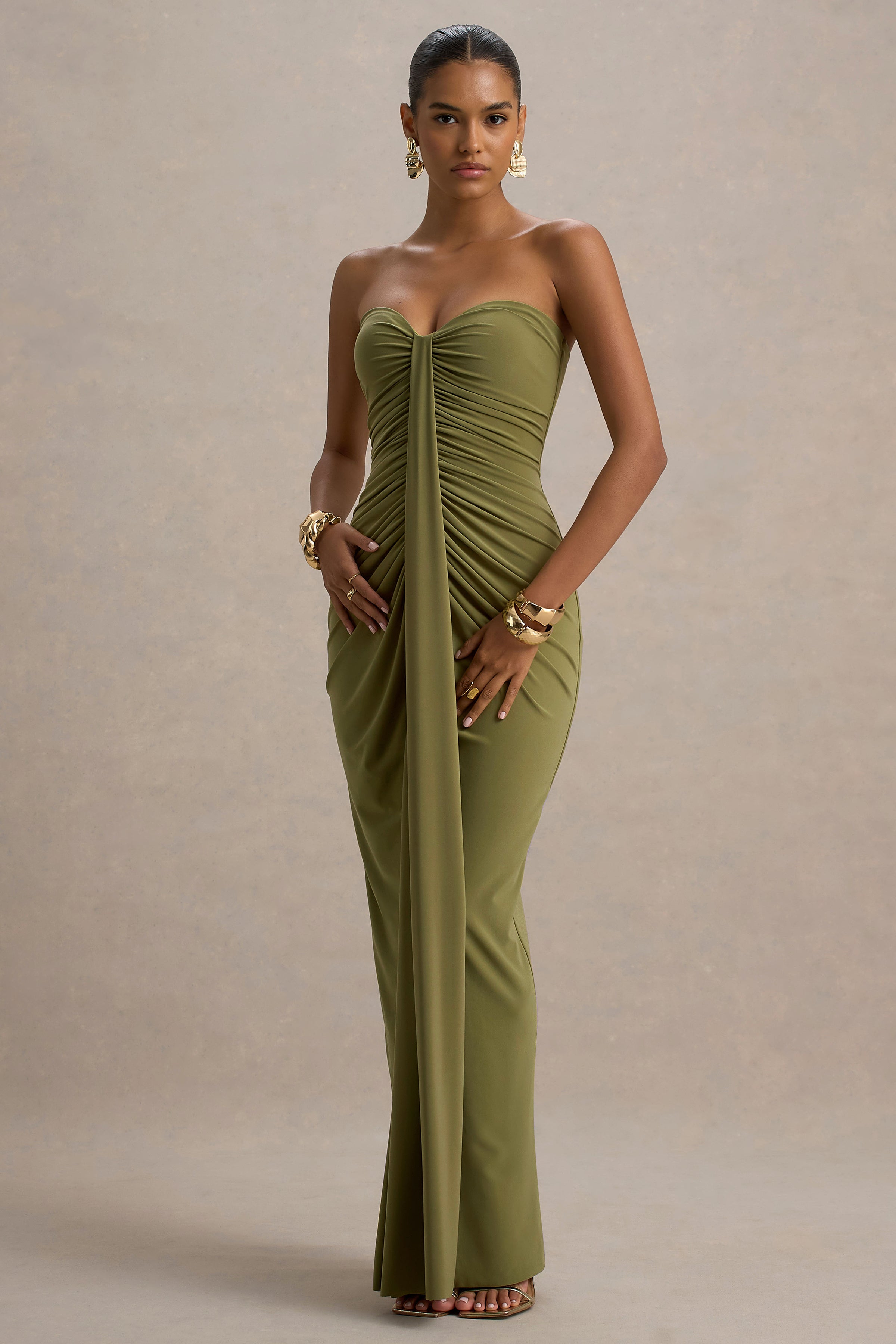 Ali | Olive Sweetheart Ruched Wrap Maxi Dress – Club L London - USA