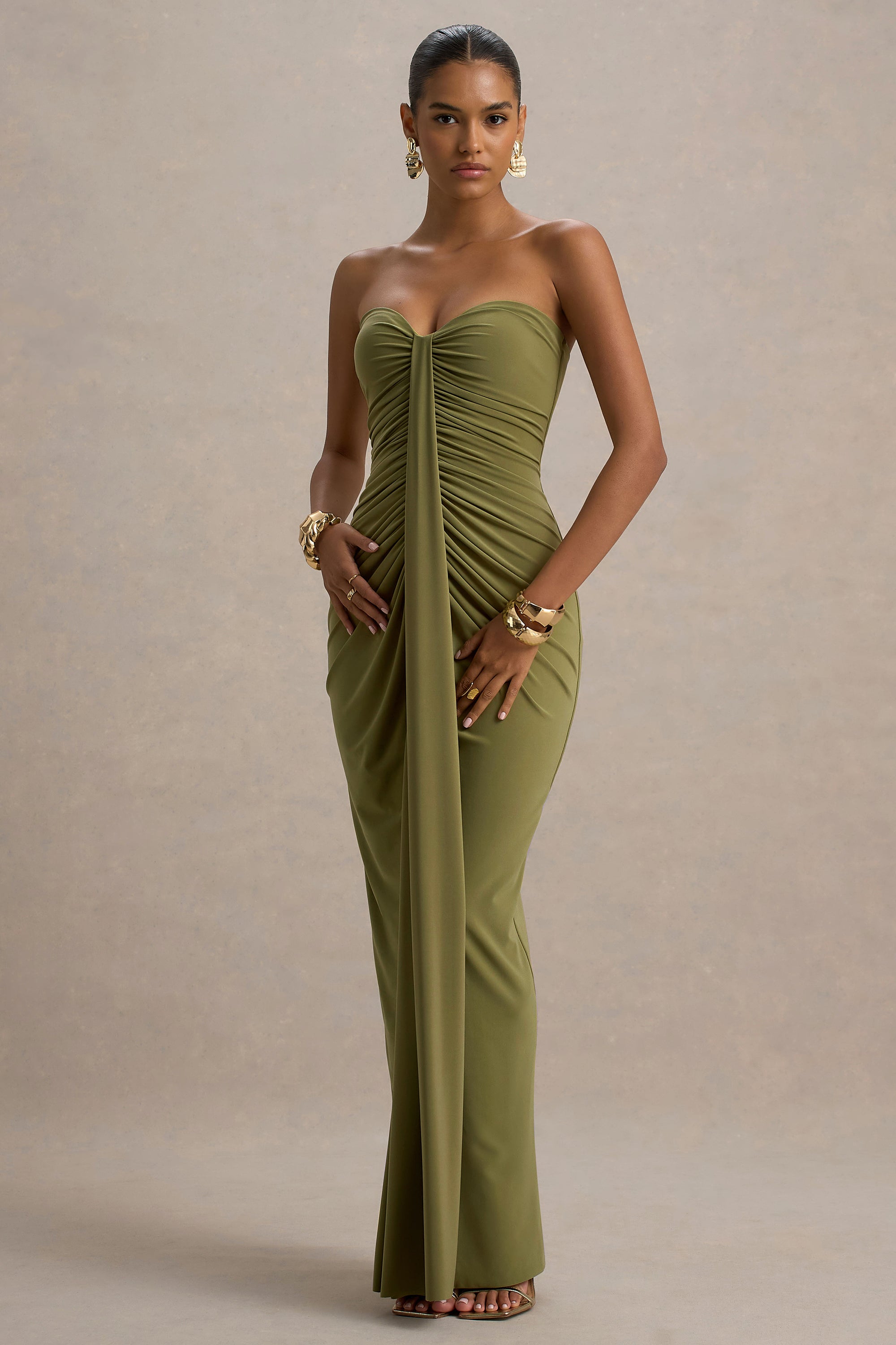 green silk ruched dress Alejandra Alonso Rojas Long Sleeve Alina Ruched Dress in Green 2