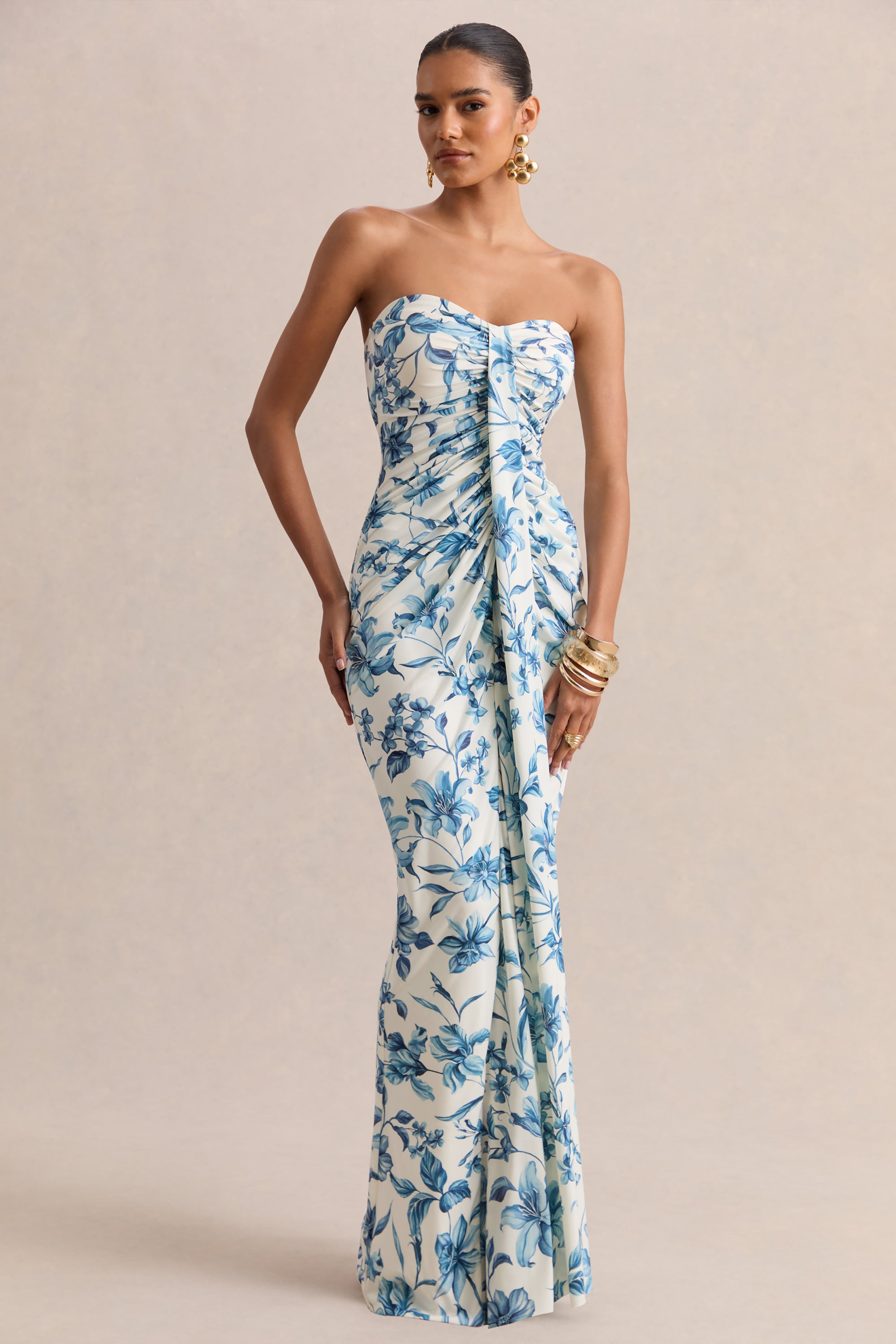 ruched wrap maxi dress Ali | BLUE Porcelain Print Sweetheart Ruched Wrap Maxi Dress