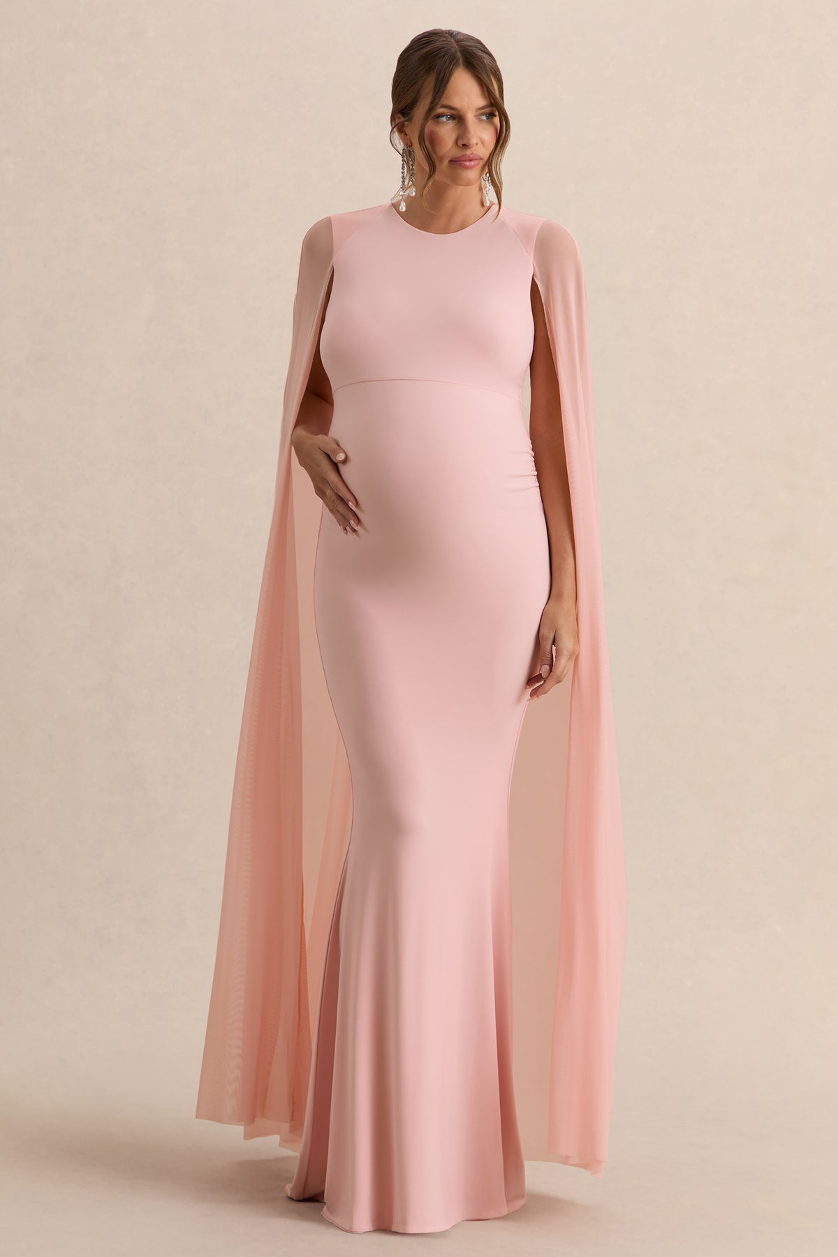 Currant | Pink Crew-Neck Maternity Maxi Dress with Cape - UK 12 Pink Currant | Pink Crew-Neck Maternity Maxi Dress with Cape - UK 12 Pink