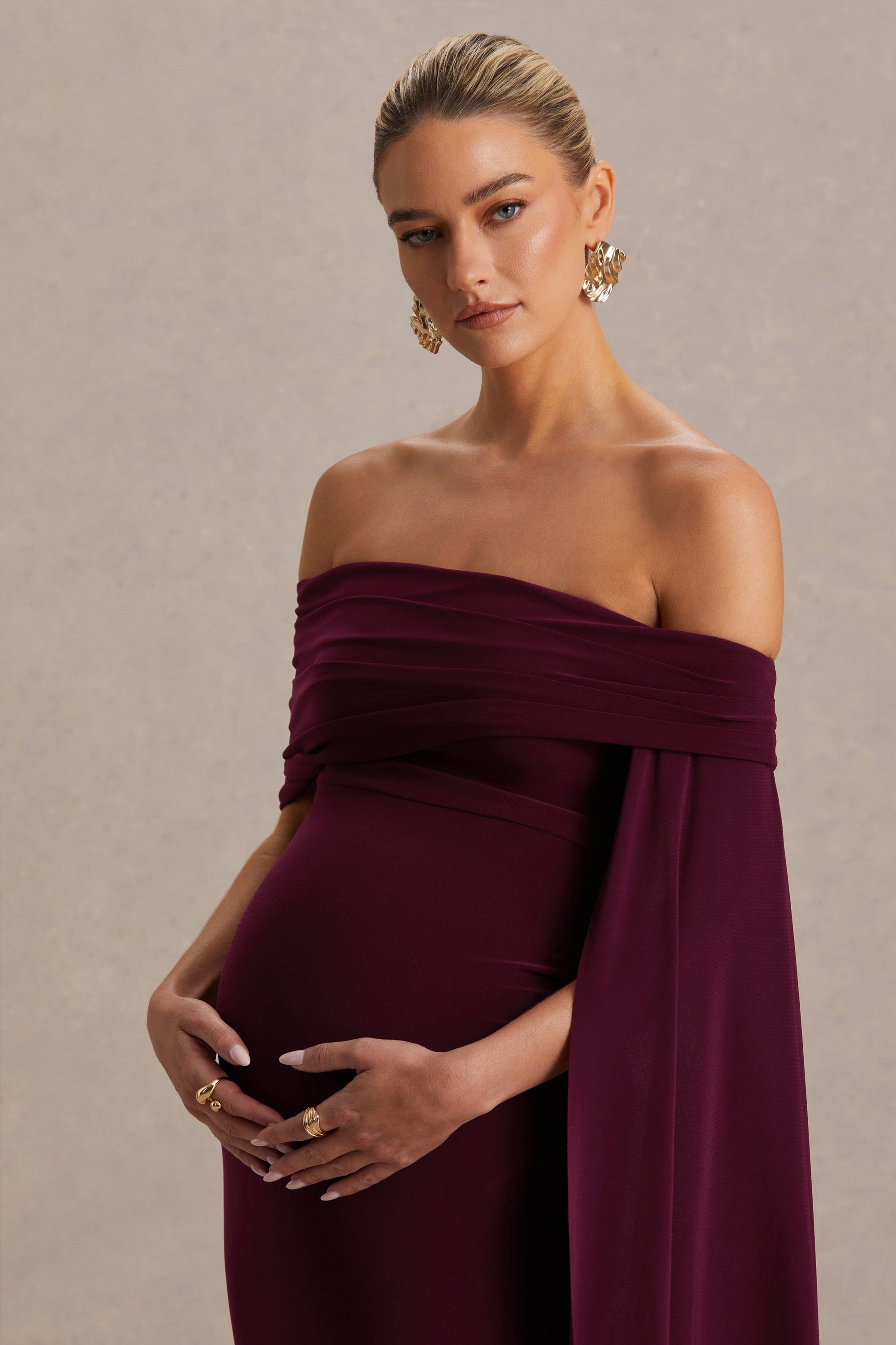 burgundy maternity dress PinkBlush Draped Maxi while the graceful maxi length creates an effortlessly chic look Aquila | Burgundy Bardot Maternity
