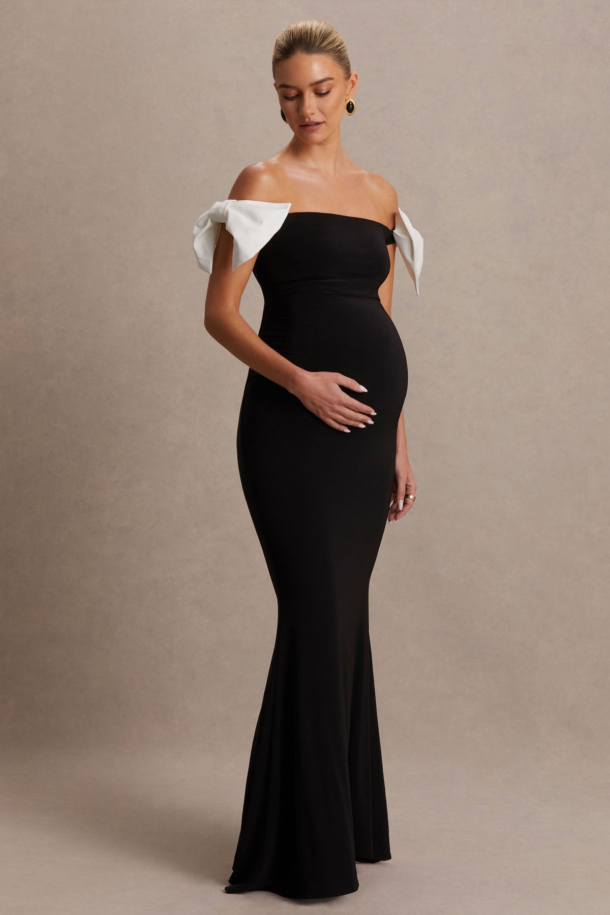 Didi | Black & White Bardot Bow Detail Maternity Maxi Dress - UK 14 Black AND White Didi | Black & White Bardot Bow Detail Maternity Maxi Dress - UK 14 Black AND White