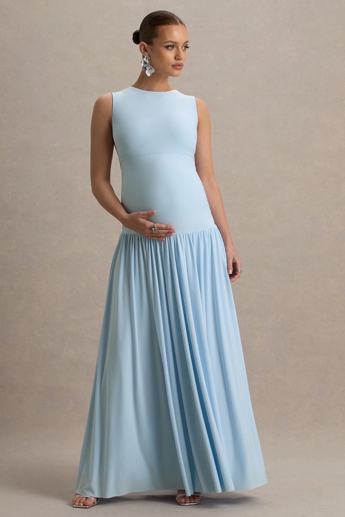 Outline Powder Blue Crew-Neck Maternity Maxi Dress With Pleated Skir – Club L London Outline Powder Blue Crew-Neck Maternity Maxi Dress With Pleated Skir – Club L London