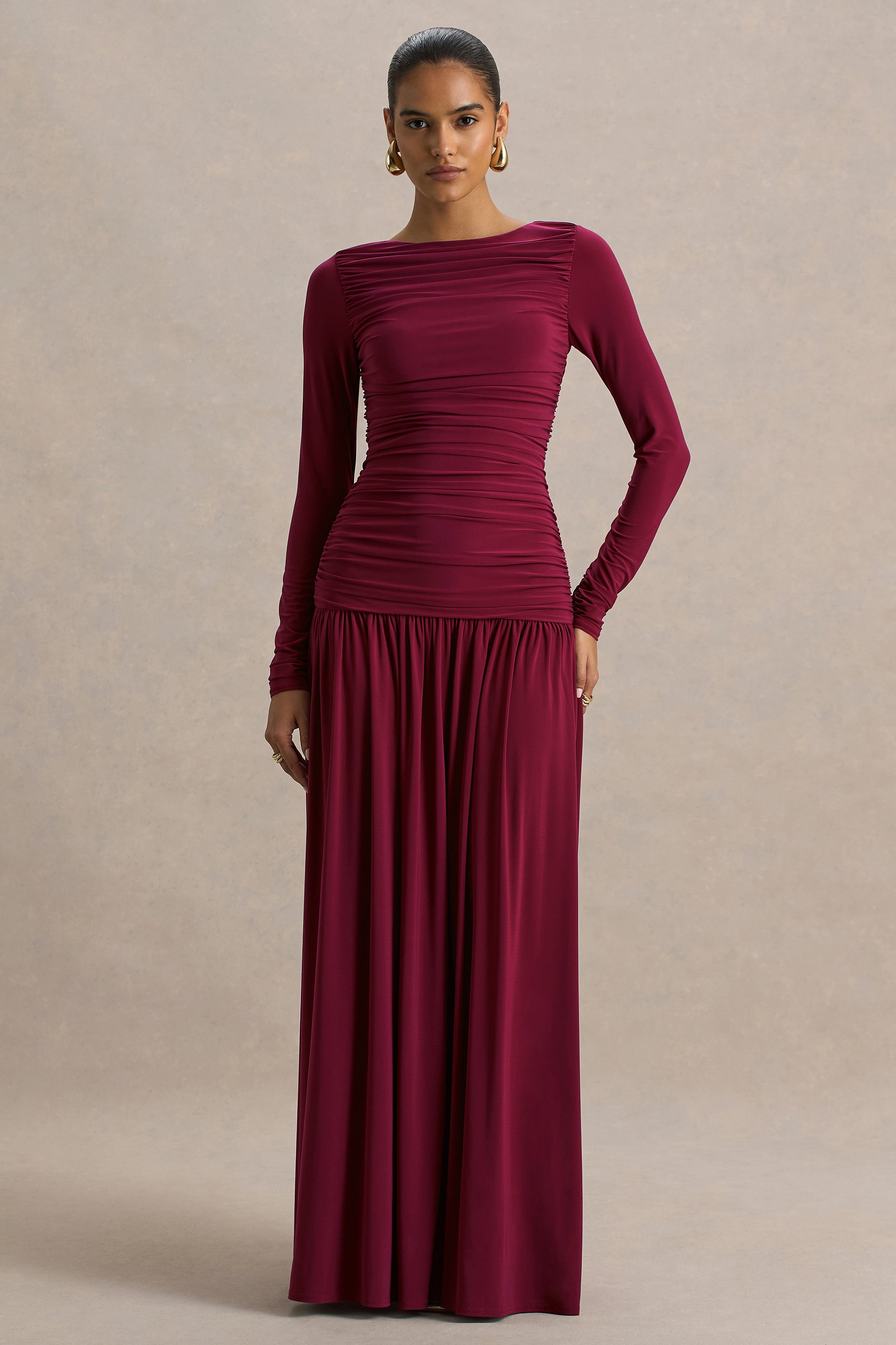 burgundy ruched maxi dress Marilou Burgundy Ruched Satin Maxi Dress, XL / Red