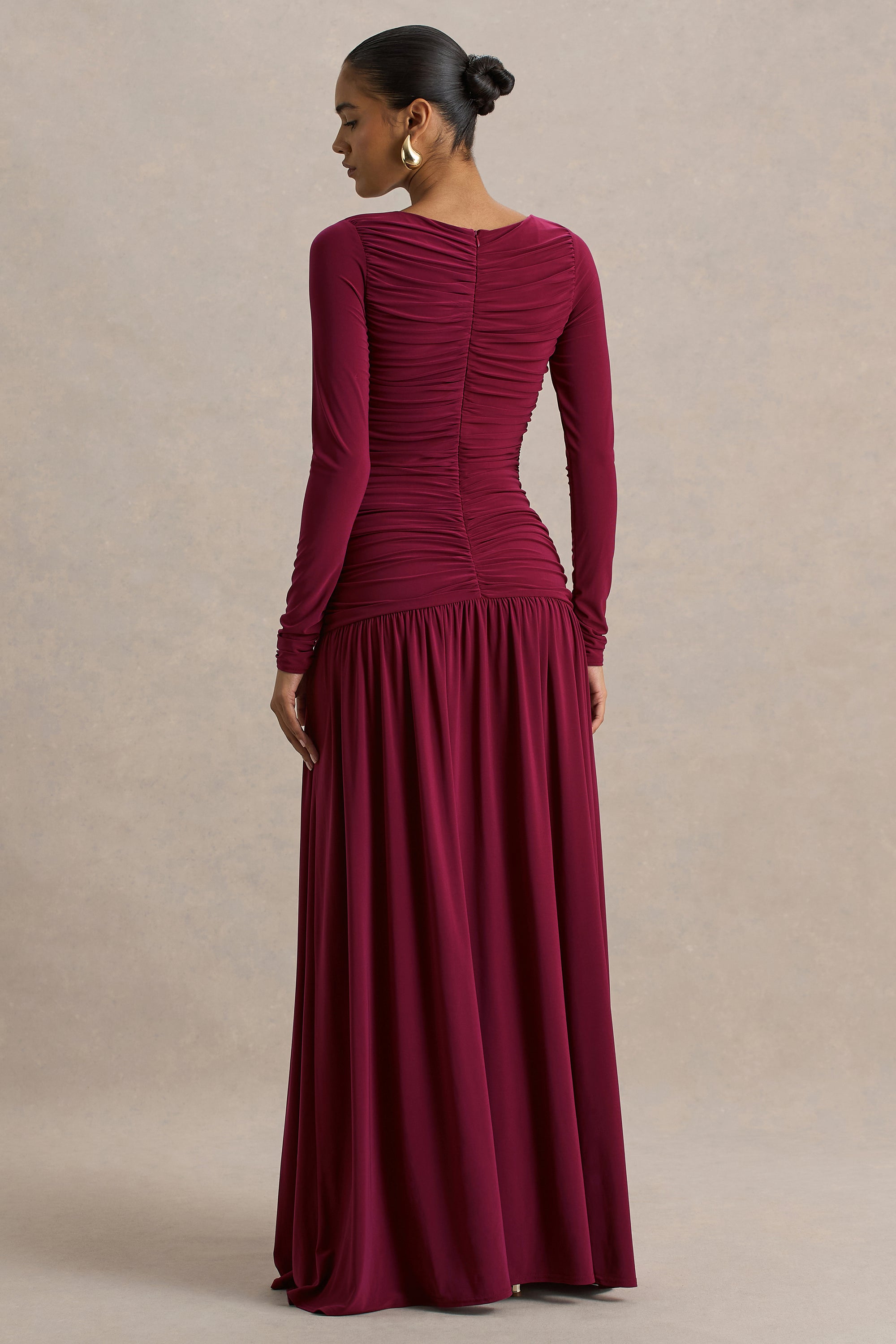 burgundy ruched maxi dress Boden Women's Ruched Bardot Maxi Dress in Brown
