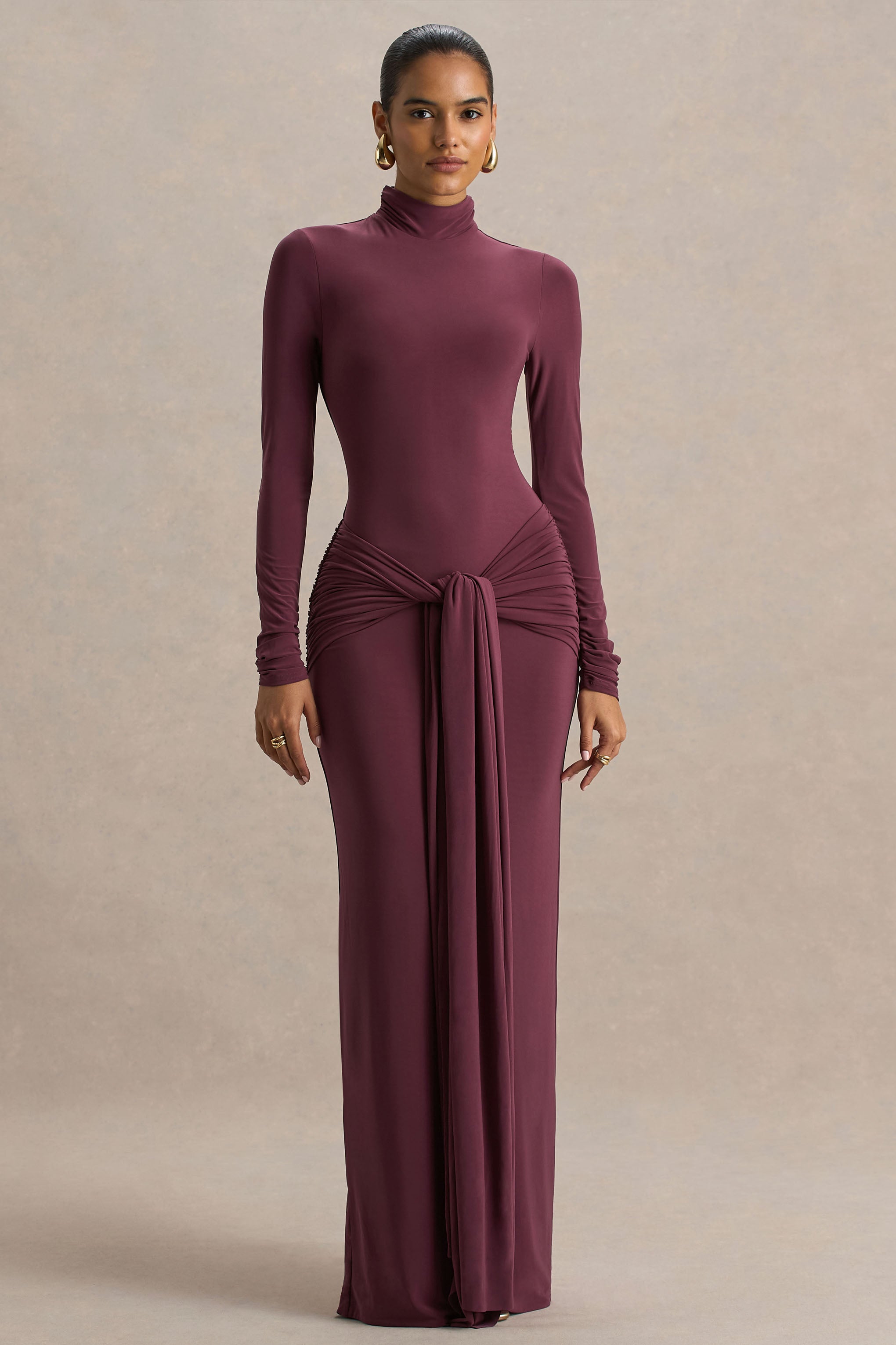 Myra | Burgundy High-Neck Maxi Dress With Sash and Ruched