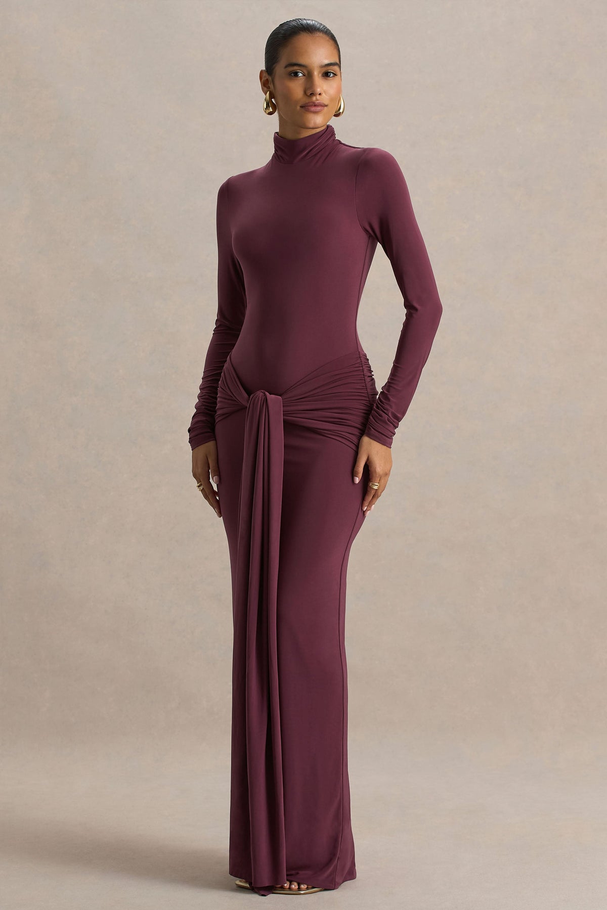 Myra Burgundy High-Neck Maxi Dress With Sash and Ruched Detailing