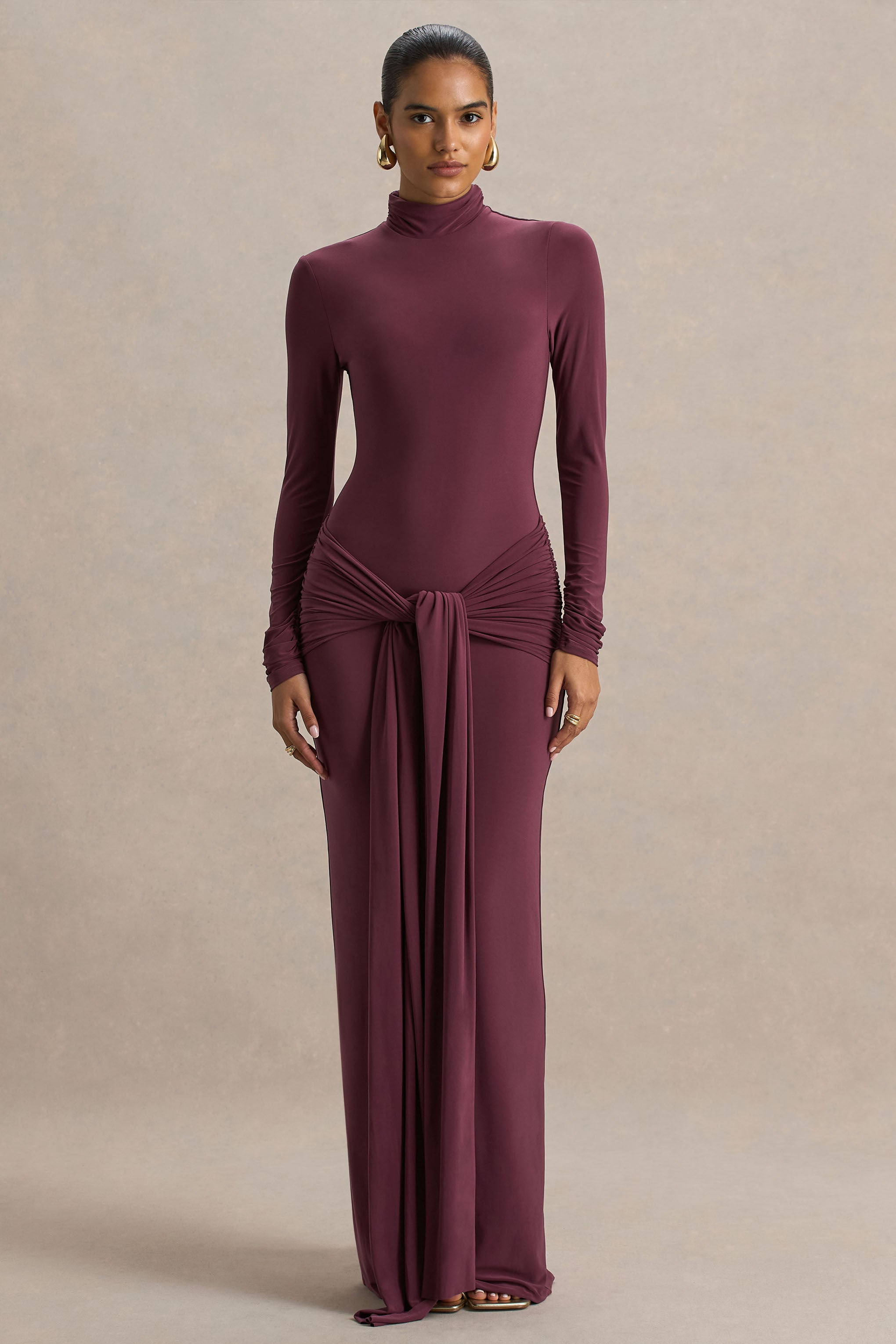 Myra | Burgundy High-Neck Maxi Dress With Sash and Ruched