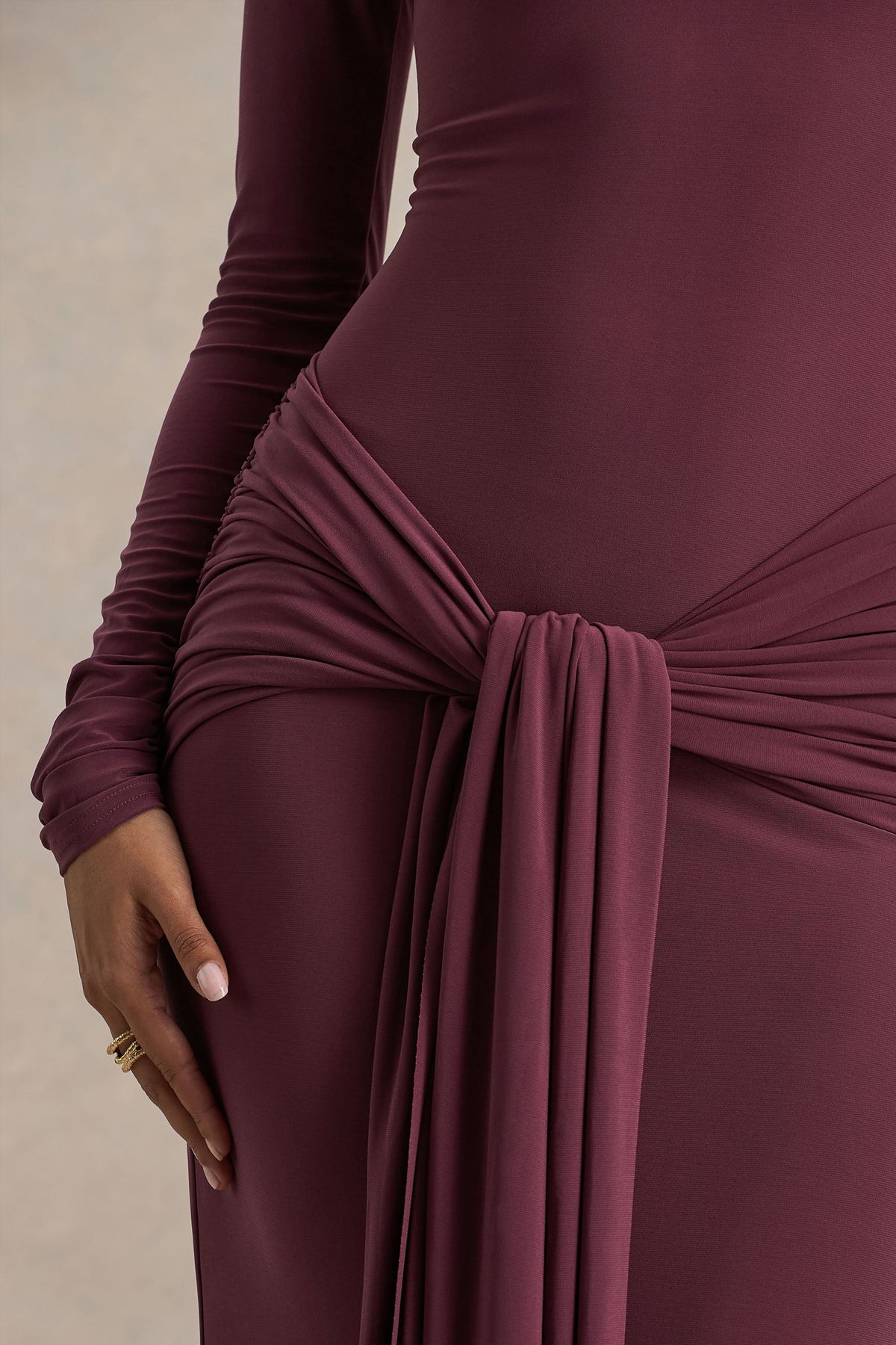 Myra | Burgundy High-Neck Maxi Dress with Sash and Ruched Detailing - UK 12 Port Myra | Burgundy High-Neck Maxi Dress with Sash and Ruched Detailing - UK 12 Port