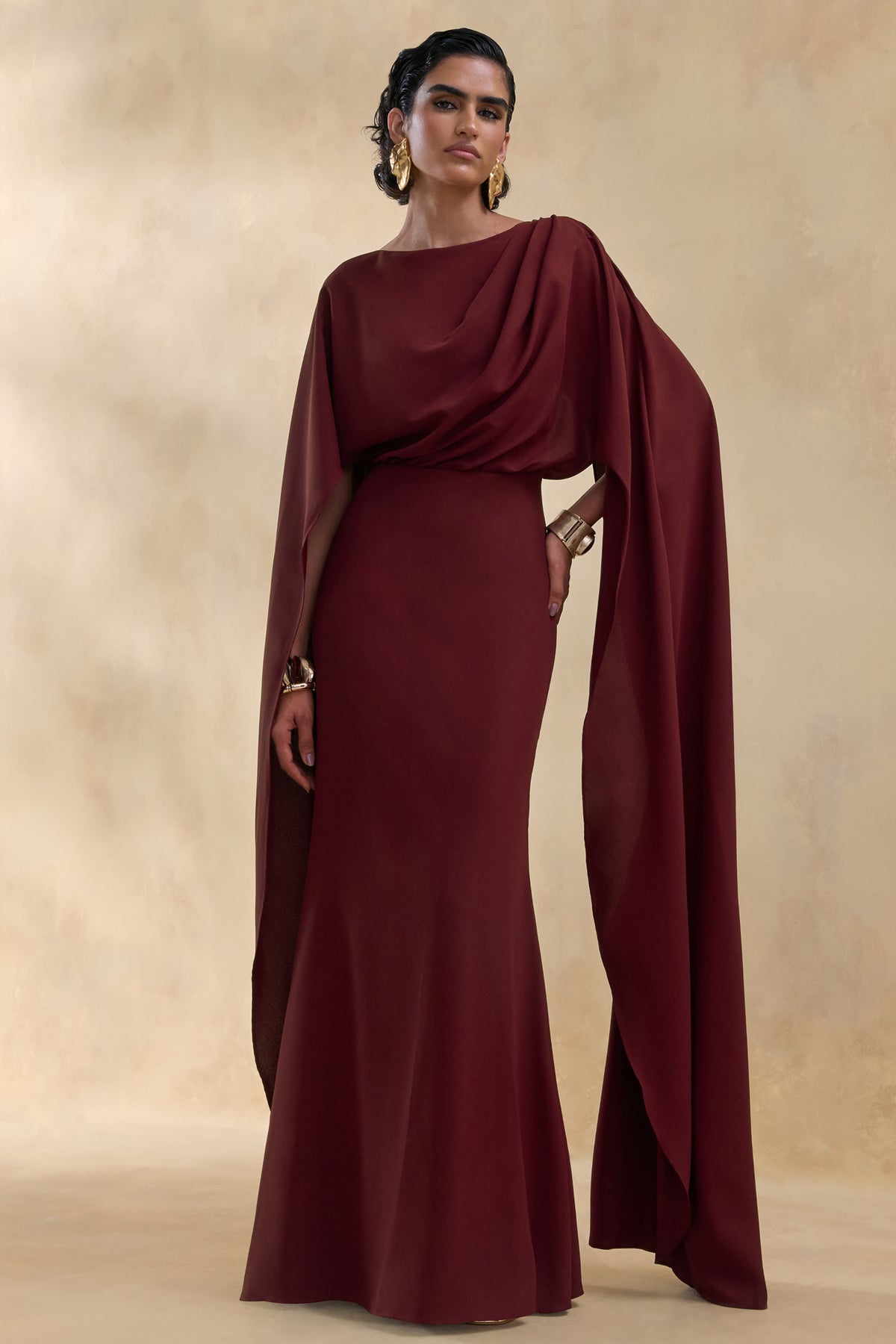 Pristina | Burgundy Boat-Neck Woven Maxi Dress With Cape Detail - UK 6 berry Pristina | Burgundy Boat-Neck Woven Maxi Dress With Cape Detail - UK 6 berry