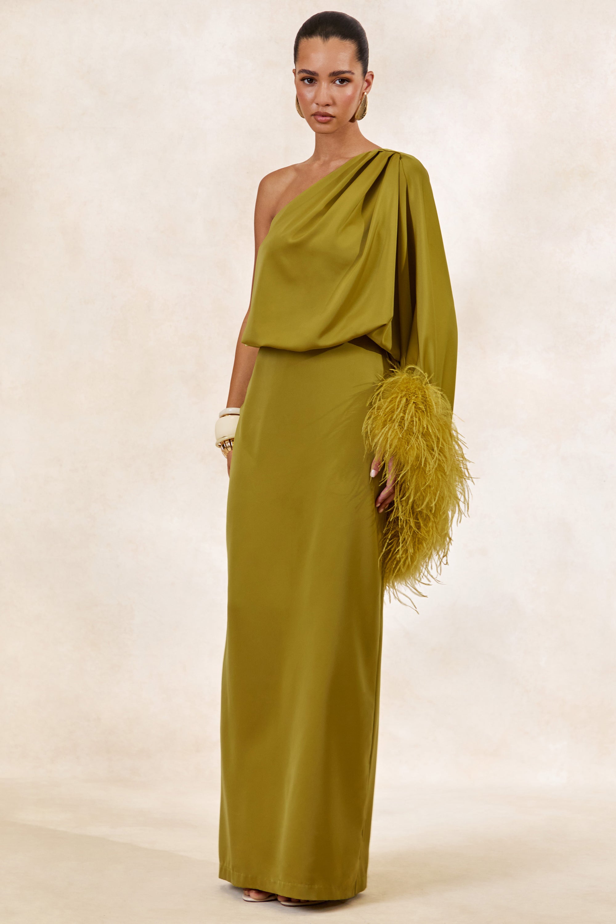 CL136380031 - Felicity _ Olive Satin Asymmetric-Neck Maxi Dress With Feather Detailing0.jpg