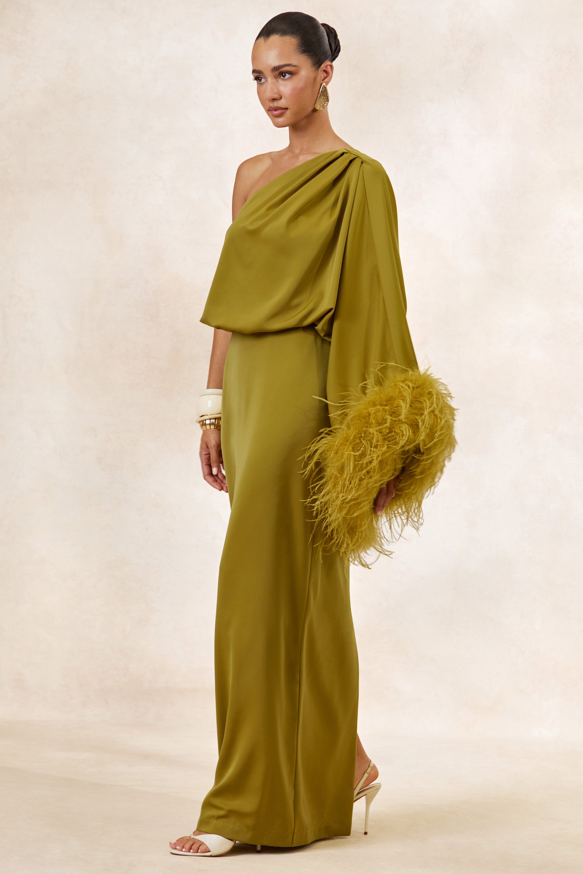 CL136380031 - Felicity _ Olive Satin Asymmetric-Neck Maxi Dress With Feather Detailing1.jpg