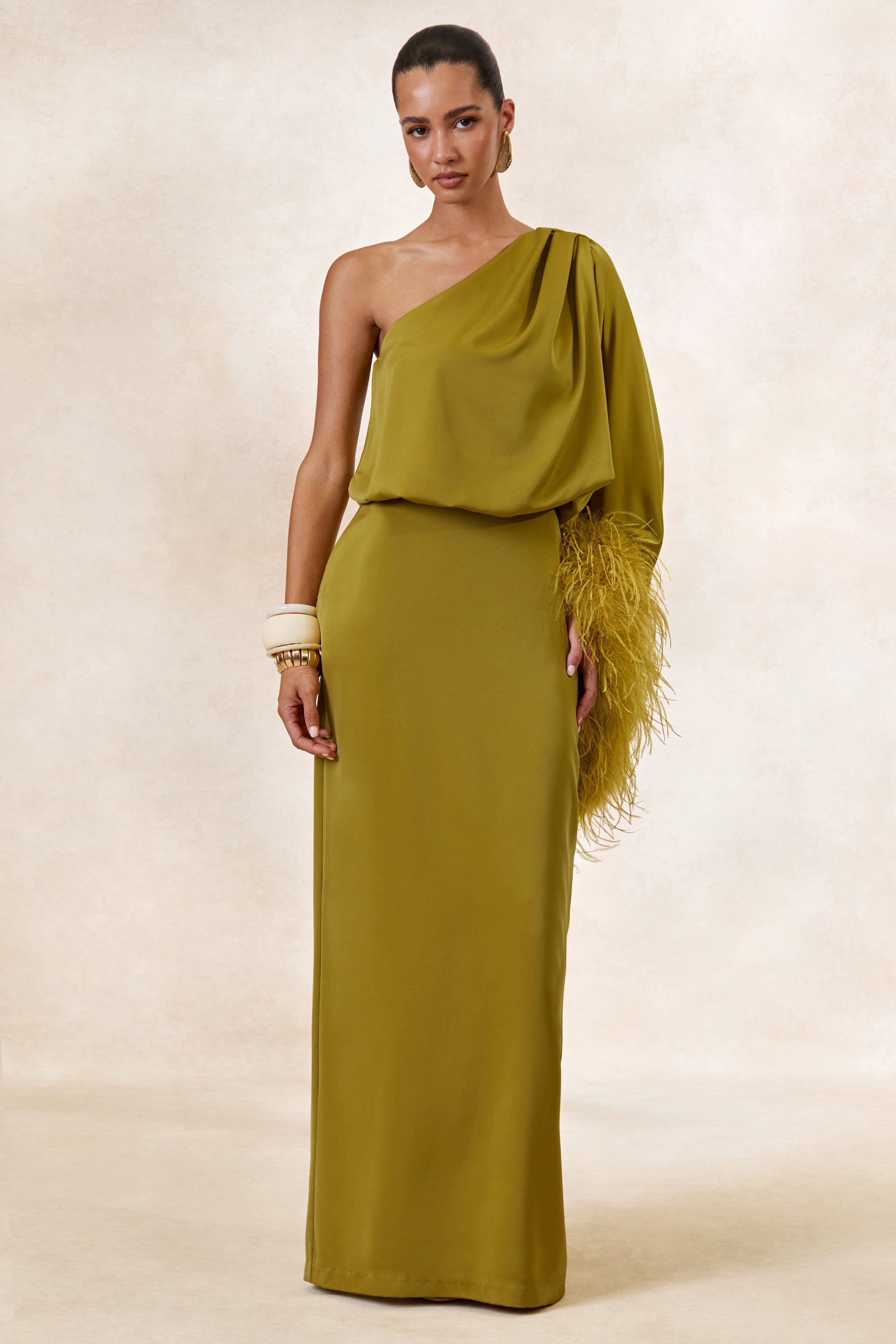 Felicity | Olive Satin Asymmetric-Neck Maxi Dress With Feather Detaili – Club L London