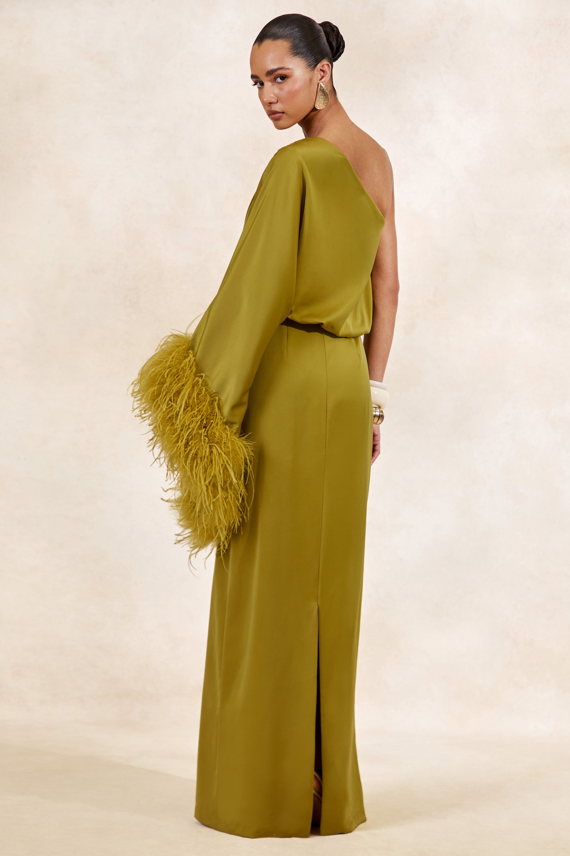 Felicity | Olive Satin Asymmetric-Neck Maxi Dress With Feather Detaili – Club L London
