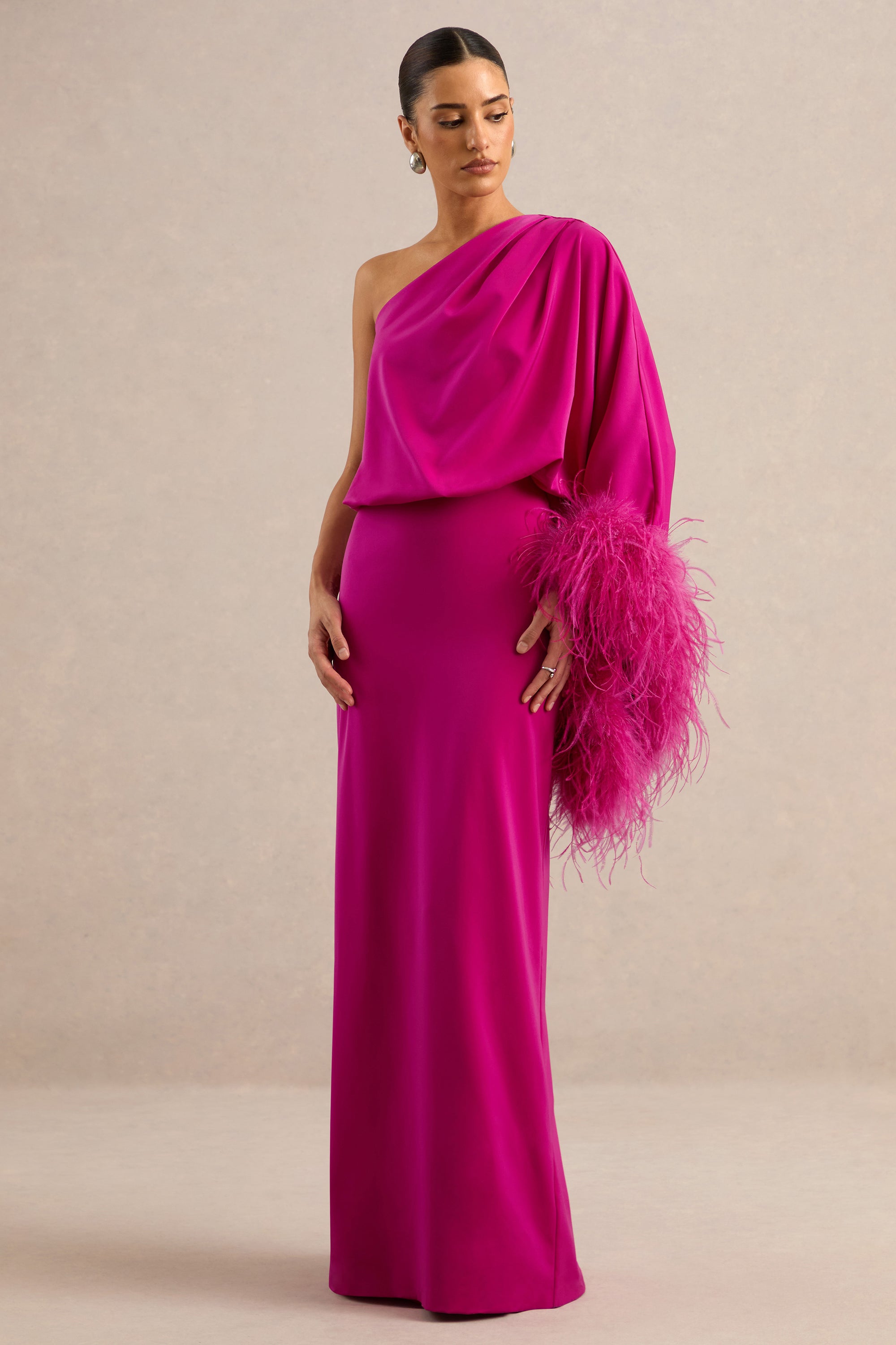 Felicity | Hot Pink Satin Asymmetric-Neck Maxi Dress With Feather Deta – Club L London