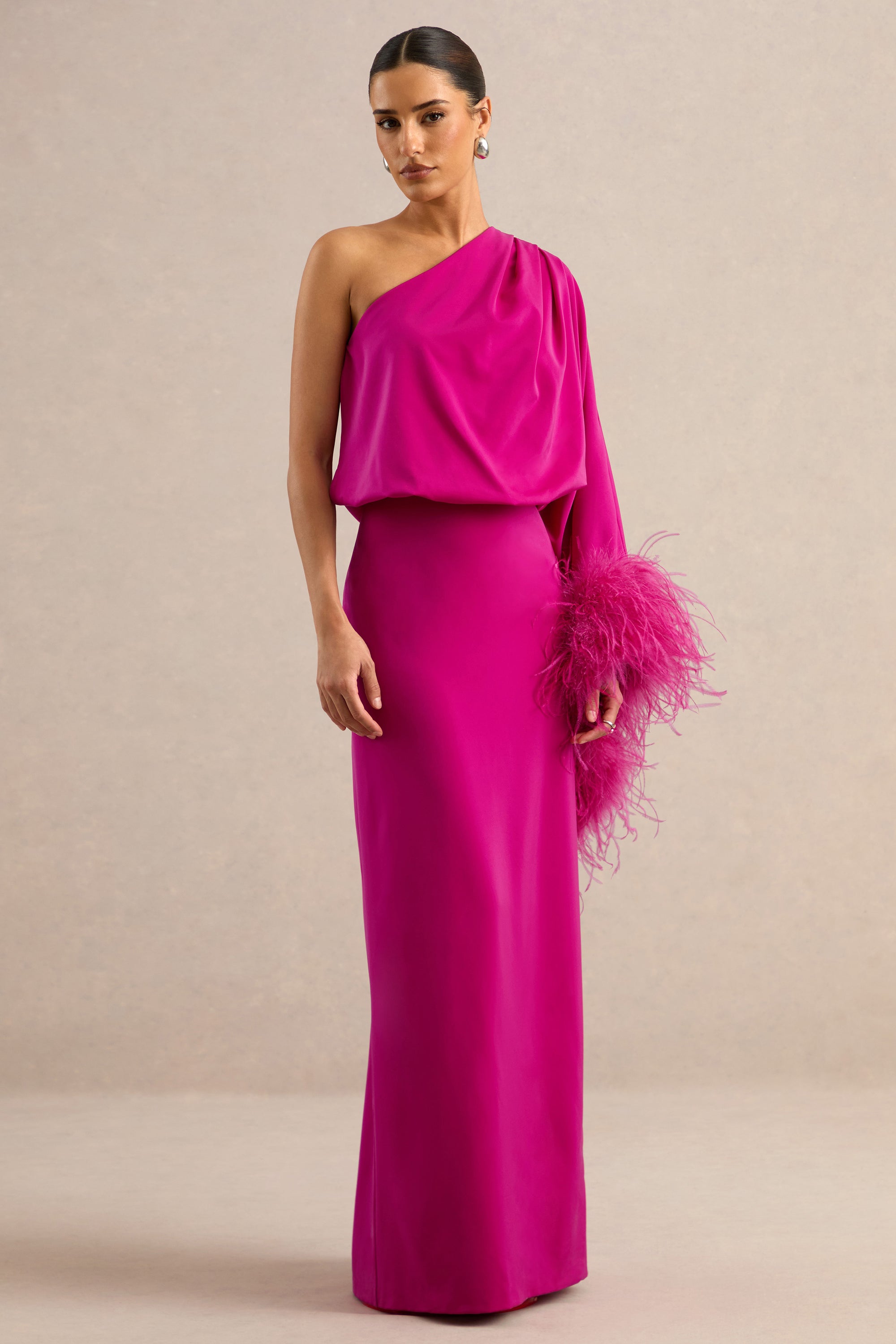 ECM_HR_CL136380080 - Felicity | Hot Pink Satin Asymmetric-Neck Maxi Dress With Feather Detailing 2.jpg
