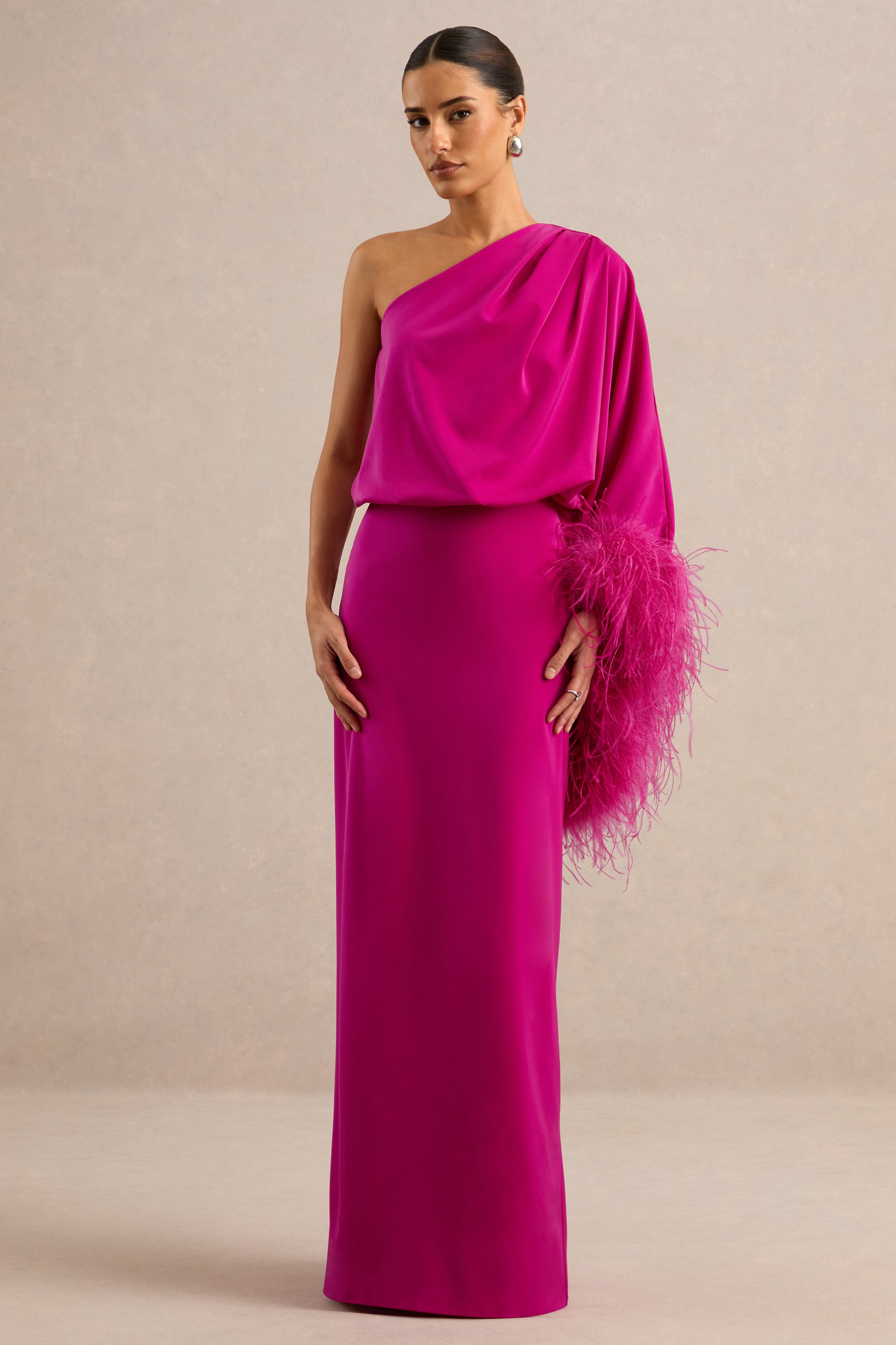 ECM_HR_CL136380080 - Felicity | Hot Pink Satin Asymmetric-Neck Maxi Dress With Feather Detailing 5.jpg