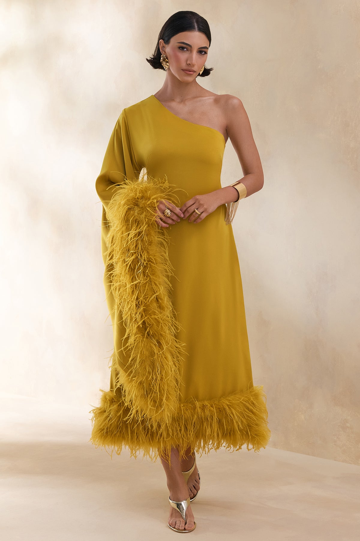 Destiny | Yellow Satin Asymmetric-Neck Midi Dress With Feather Details - UK 10 CHARTREUSE