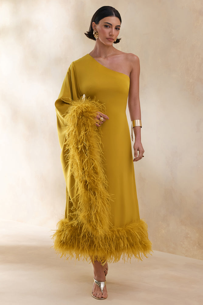 Destiny Yellow Satin Asymmetric-Neck Midi Dress With Feather Details – Club  L London