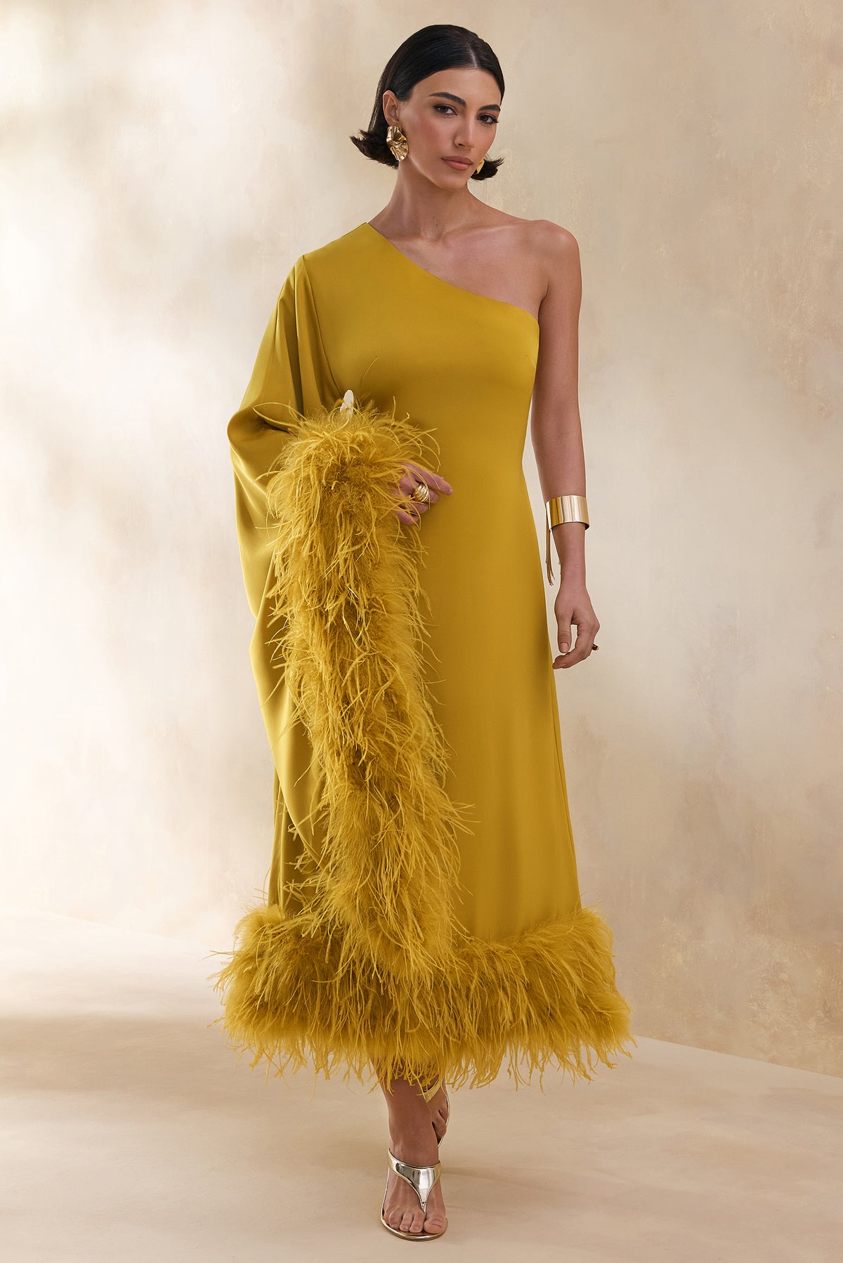 Destiny | Yellow Satin Asymmetric-Neck Midi Dress with Feather Details - UK 10 Chartreuse Destiny | Yellow Satin Asymmetric-Neck Midi Dress with Feather Details - UK 10 Chartreuse