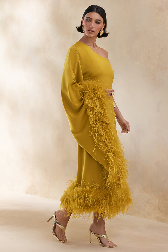 yellow midi silk dress Destiny | Yellow Satin Asymmetric-Neck Midi Dress With Feather Details